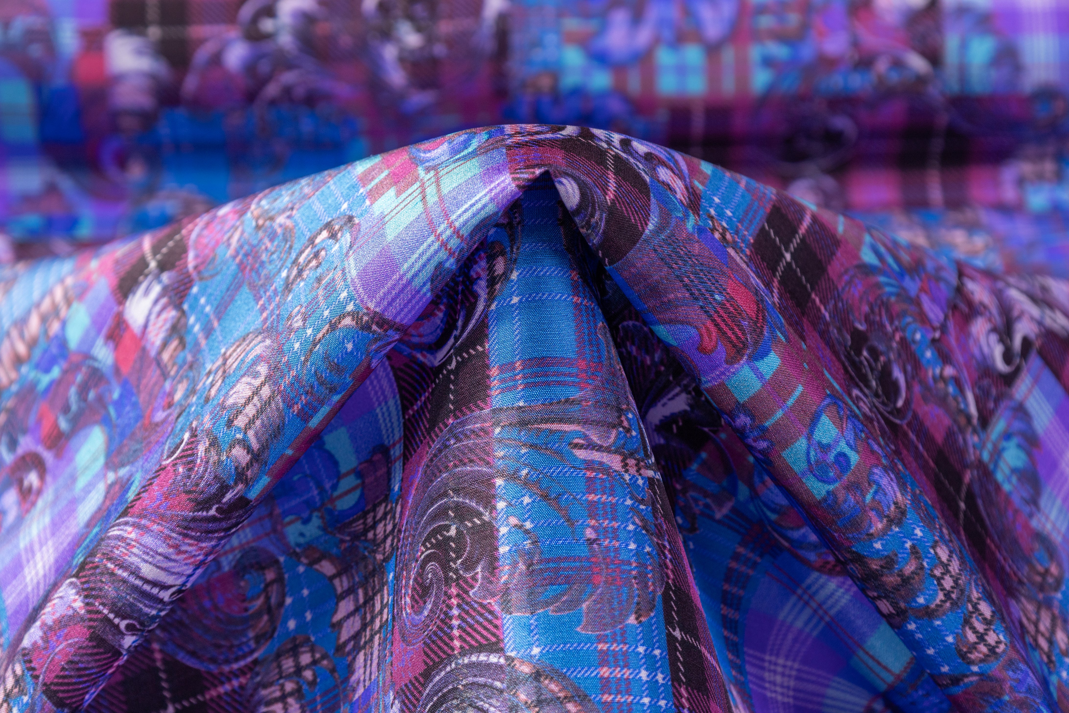 Baroque Plaid Italian Silk Crepe de Chine - Blue / Purple