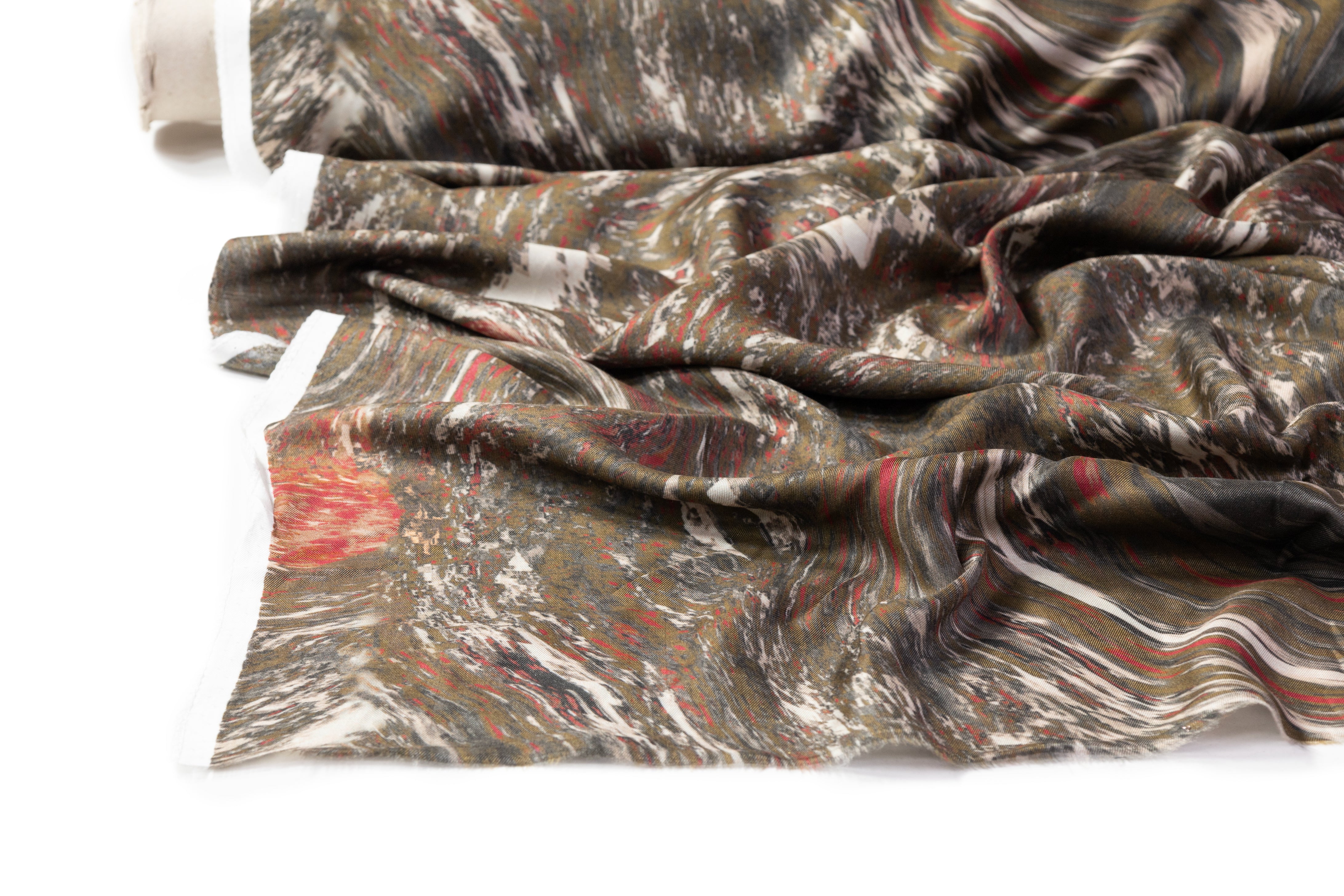 Abstract Italian Silk Viscose Challis - Olive Green