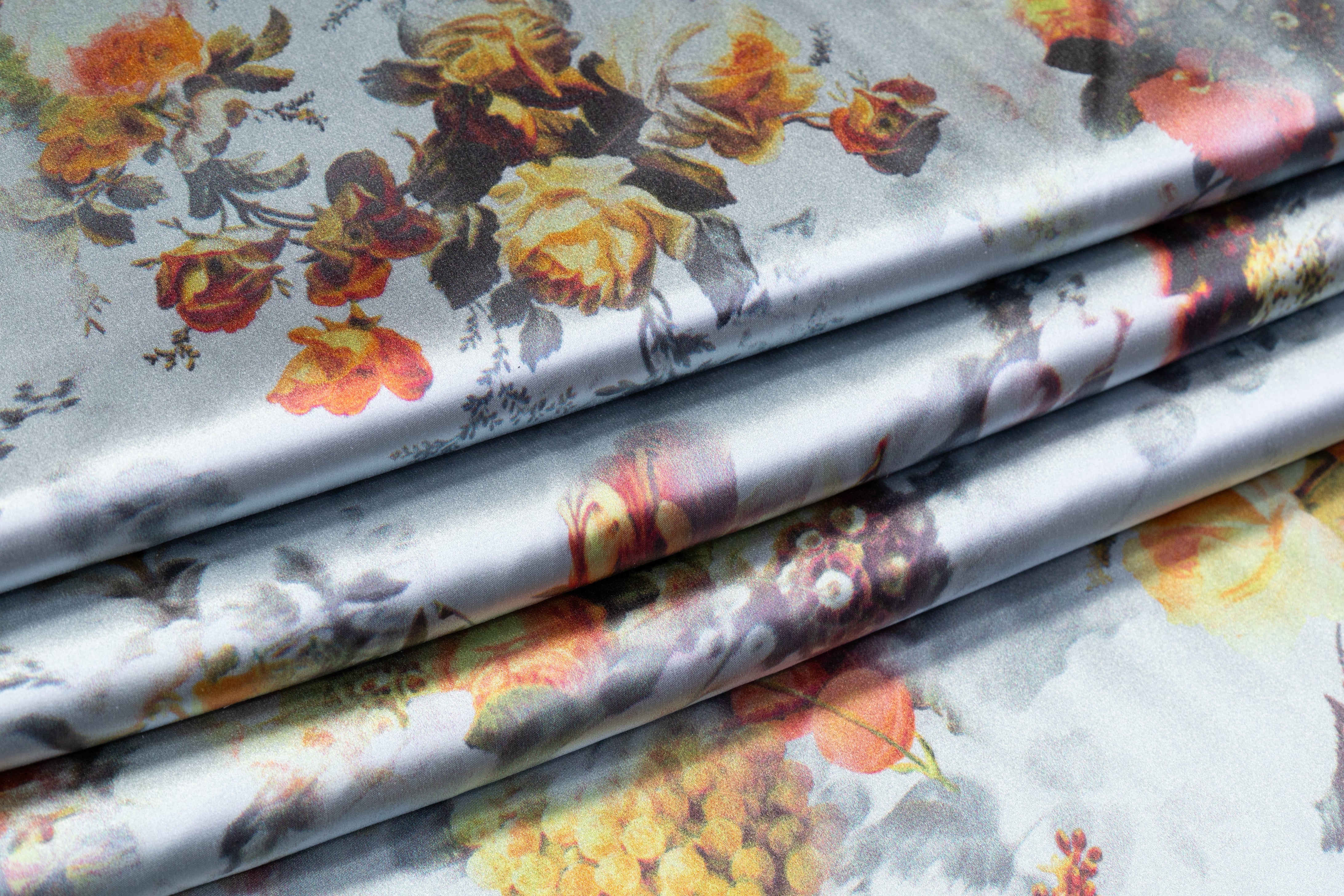 Floral Italian Silk Charmeuse - Steel Blue