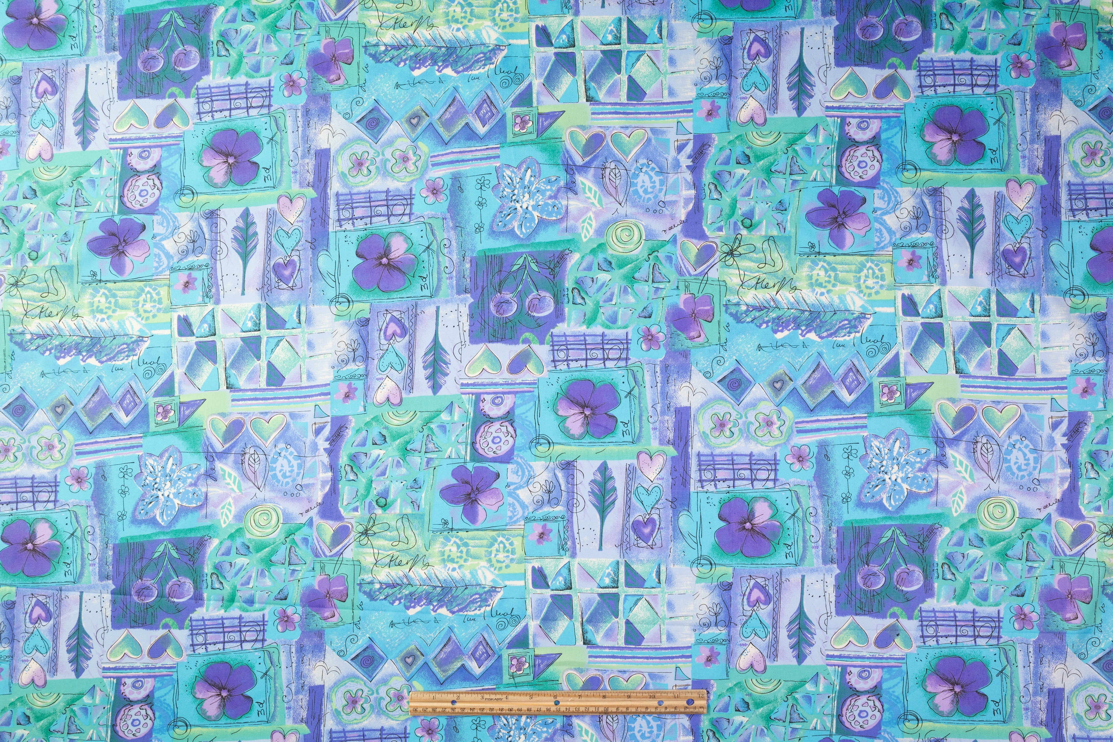 Floral Collage Japanese Cotton Twill - Blue / Green / Purple