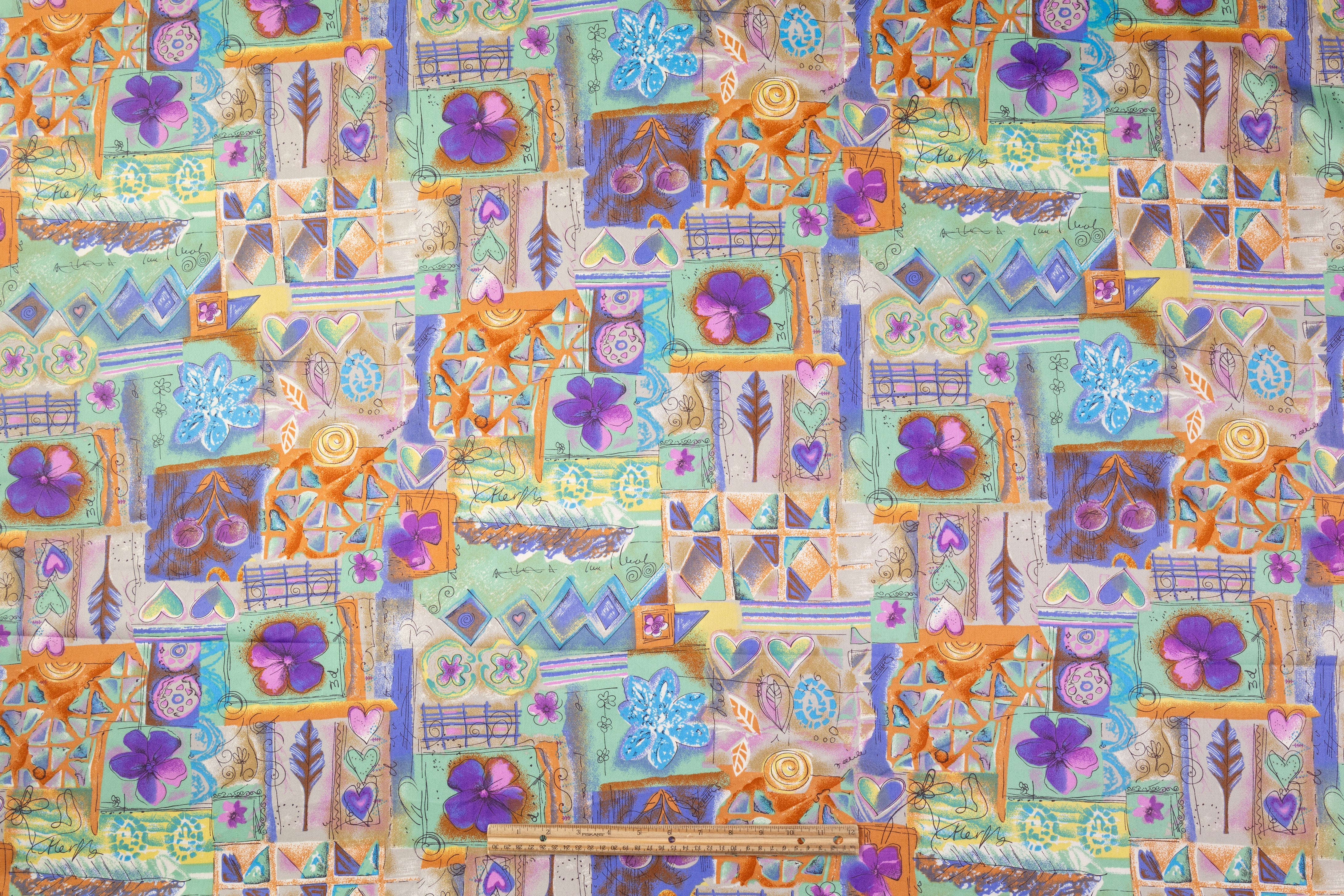 Floral Collage Japanese Cotton Twill - Green / Orange / Purple