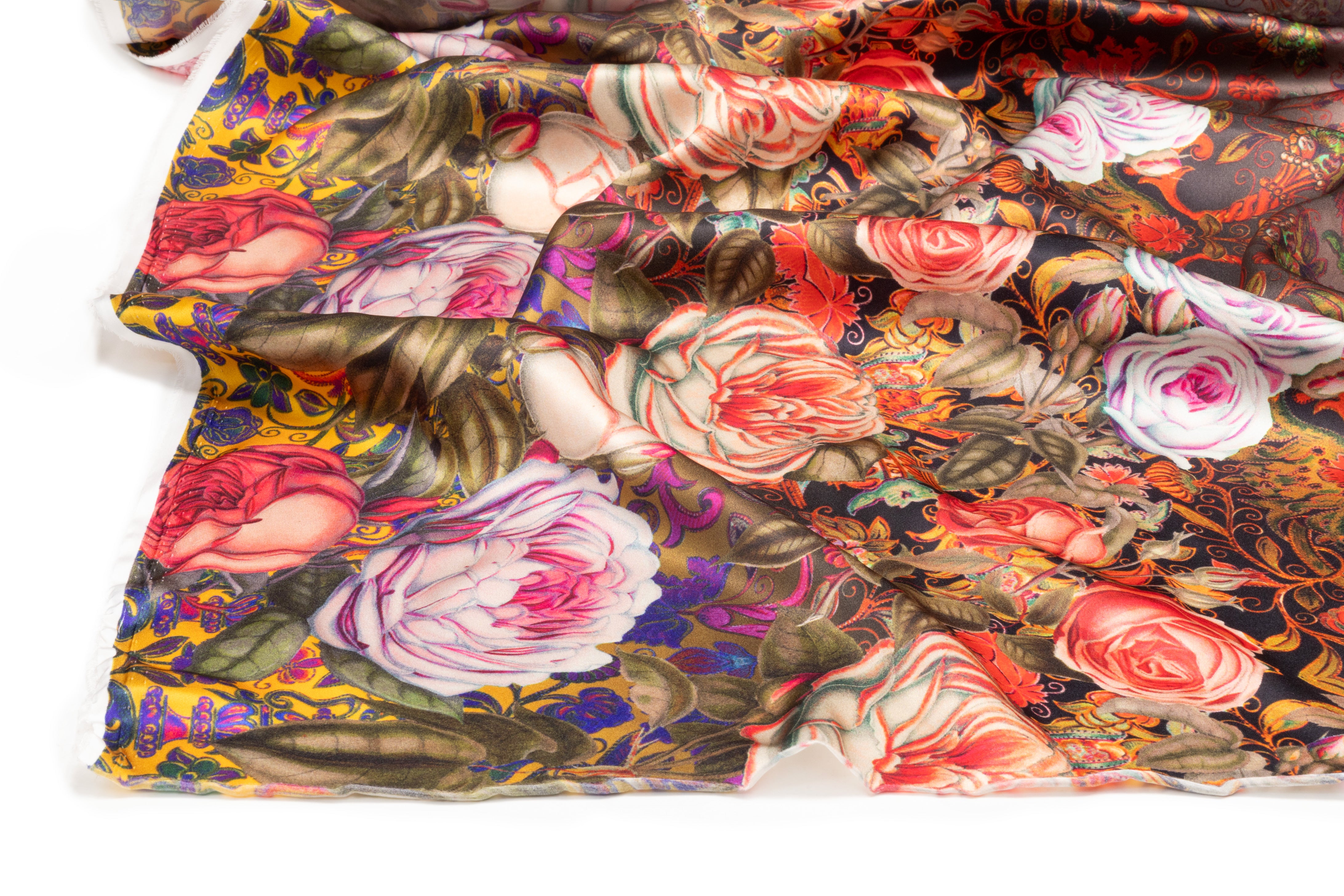 Baroque Floral Border Print Italian Silk Charmeuse - Coral / Yellow / Olive