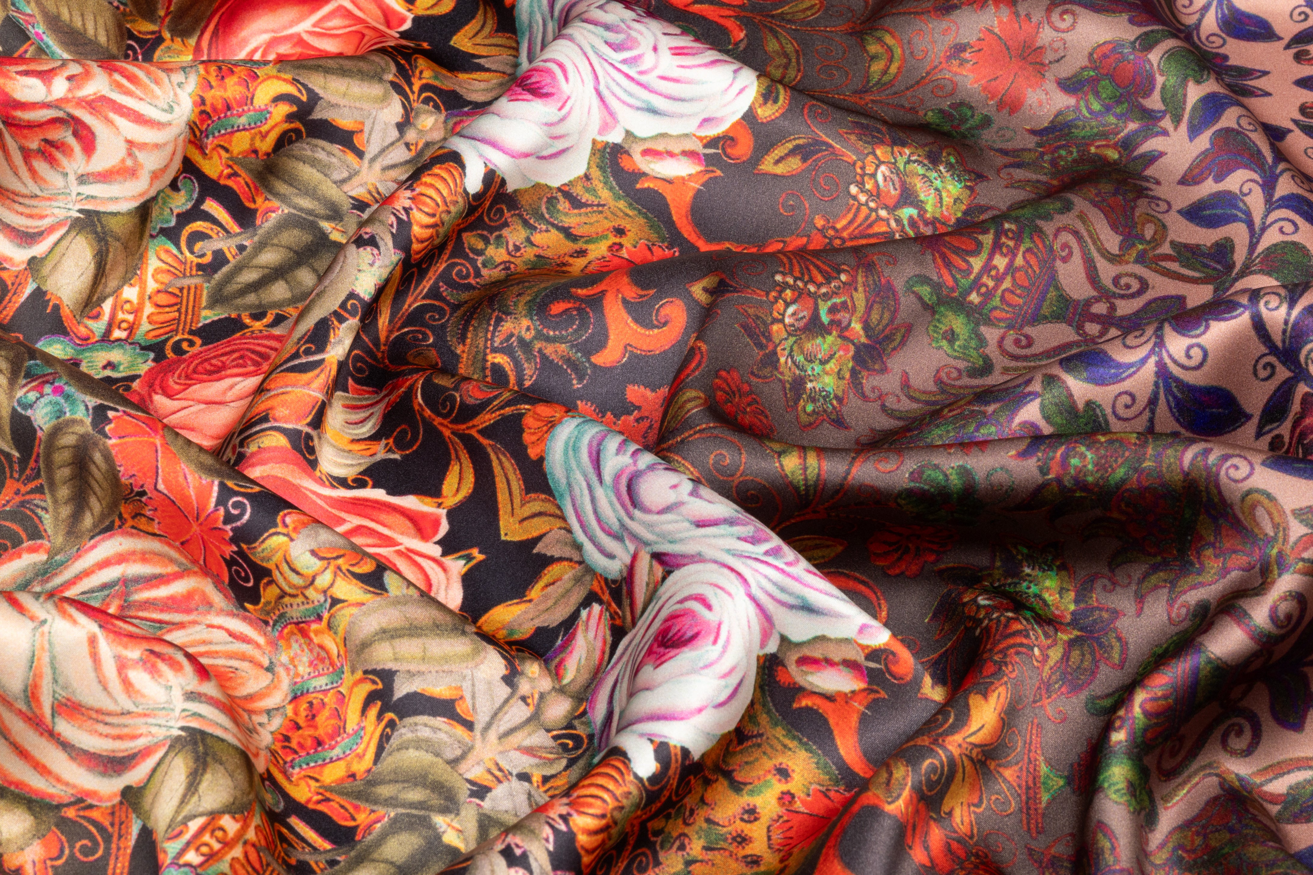Baroque Floral Border Print Italian Silk Charmeuse - Coral / Yellow / Olive