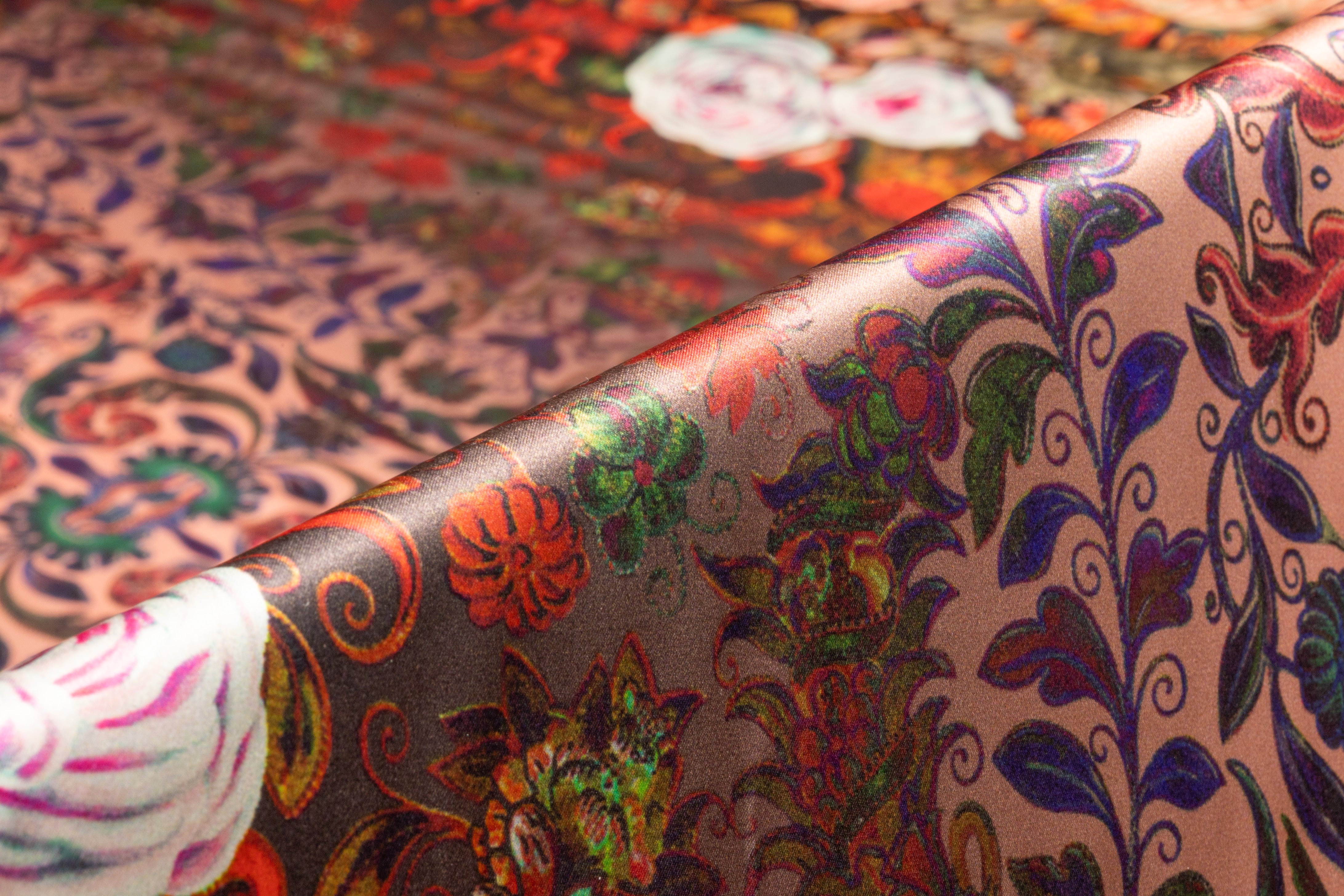 Baroque Floral Border Print Italian Silk Charmeuse - Coral / Yellow / Olive