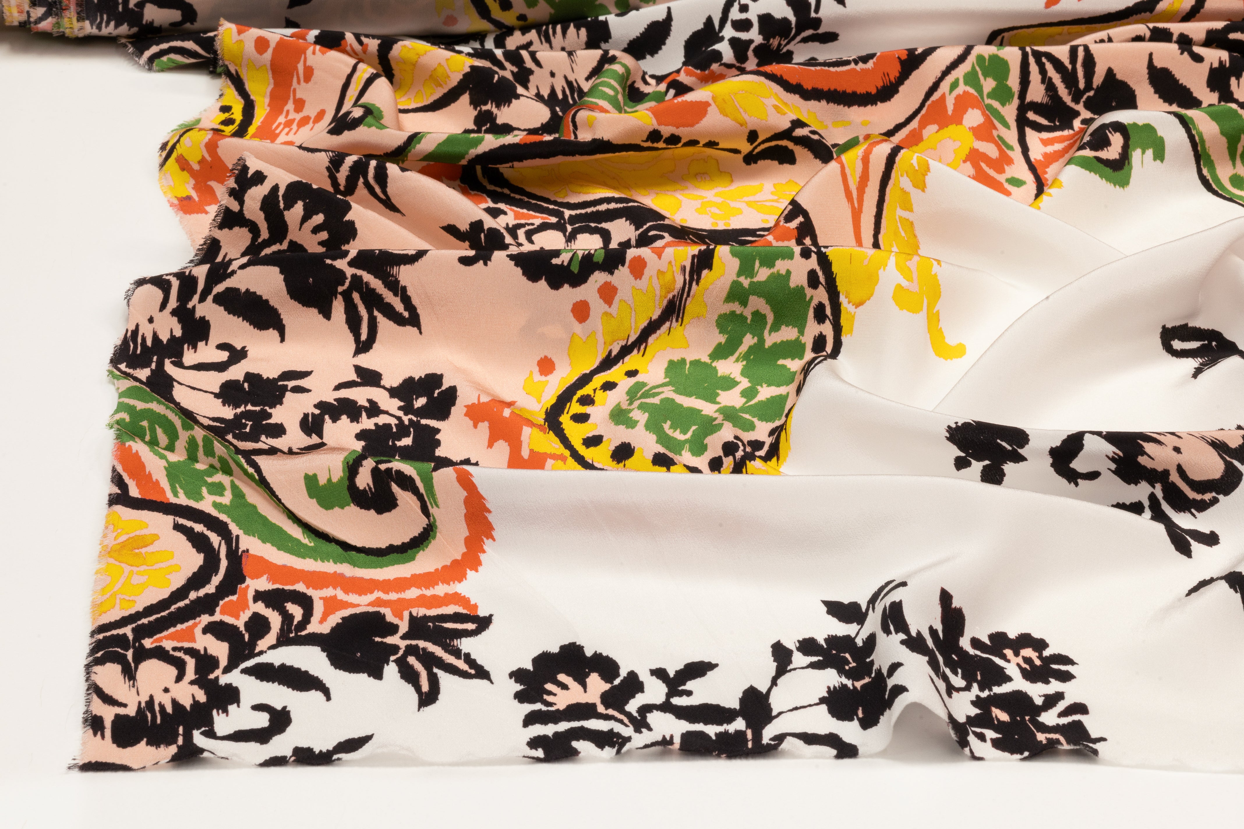 Paisley Italian Silk Crepe de Chine - Coral / Yellow / Green / Blush