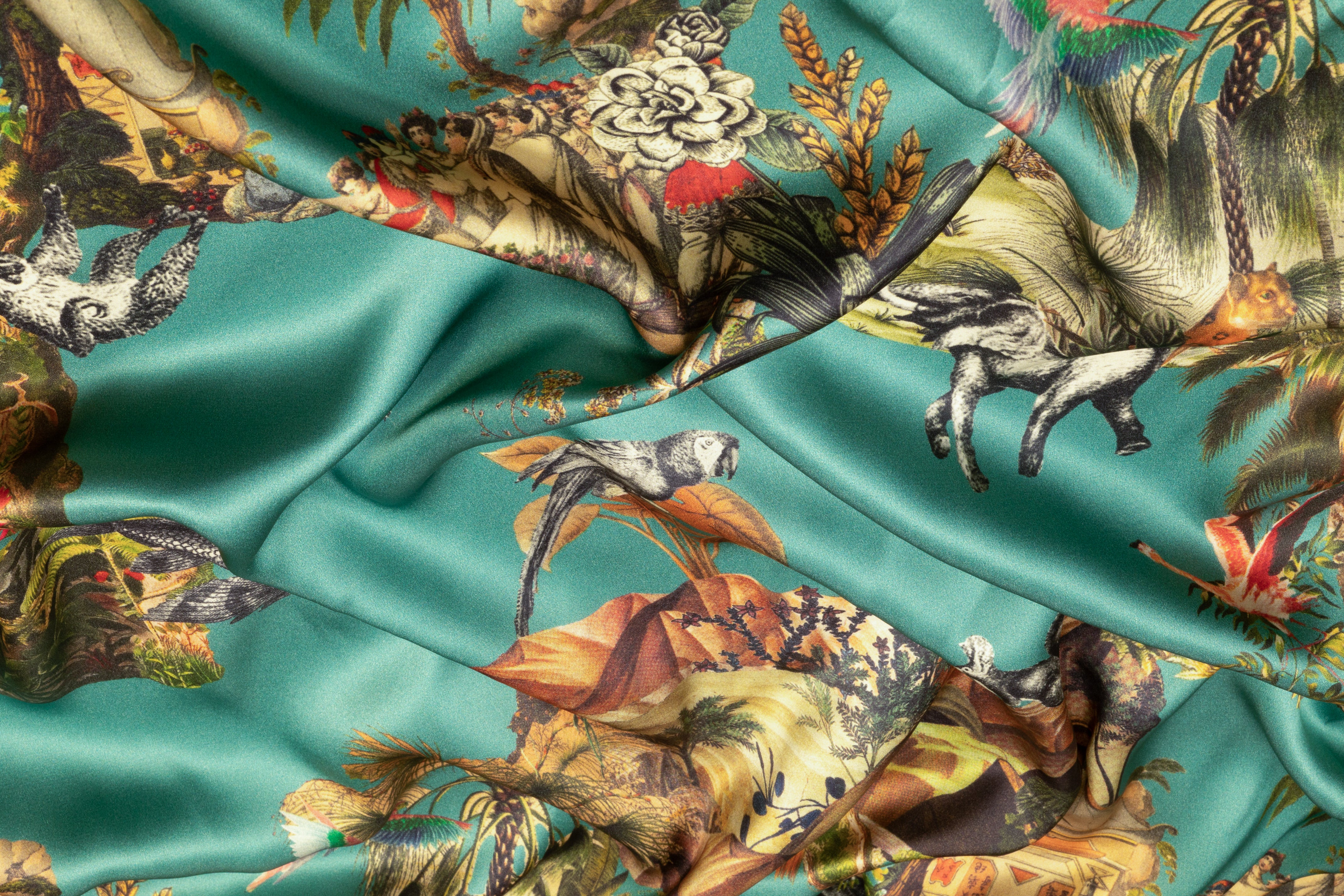 Jungle Toile Italian Silk Charmeuse - Teal Green