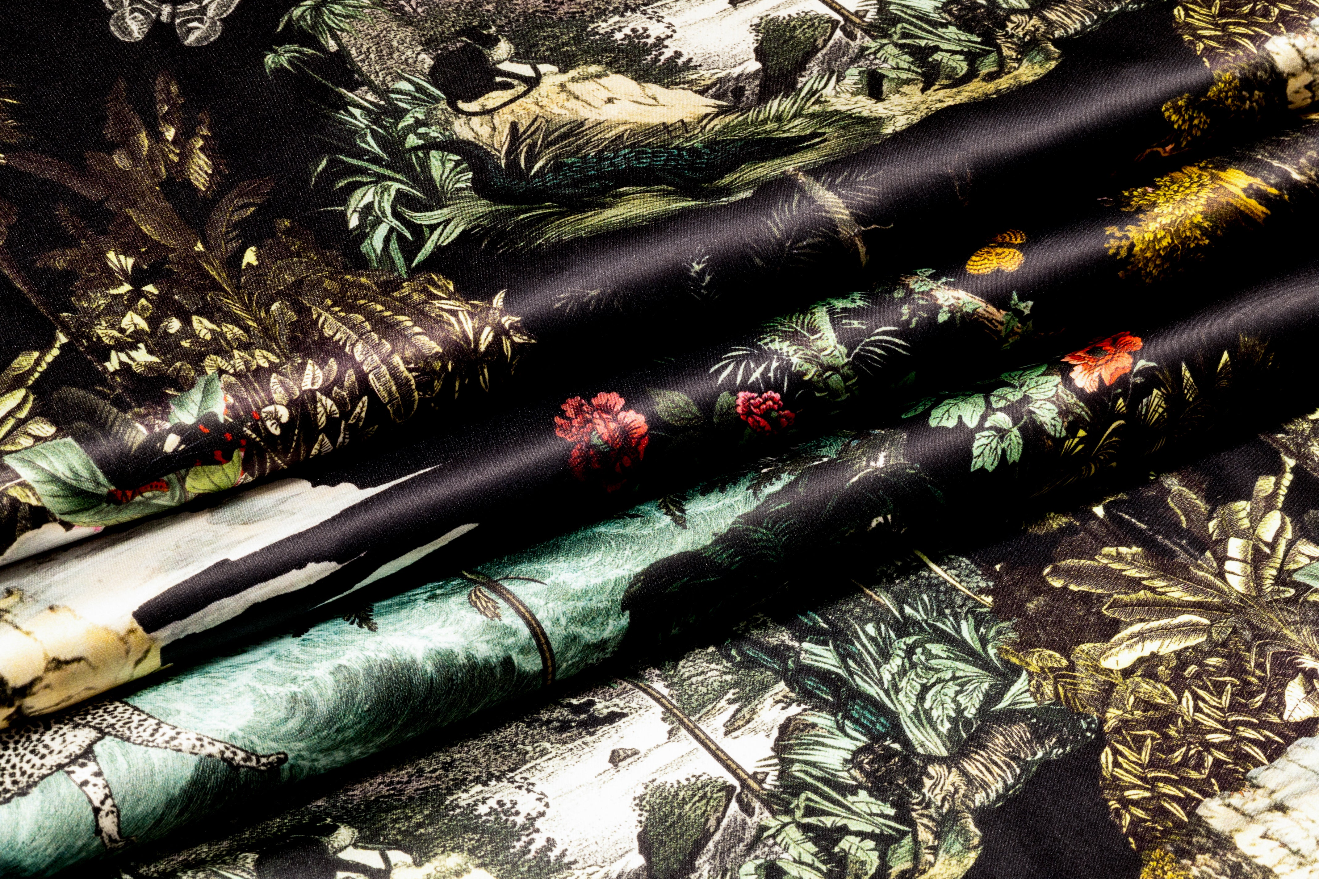 Jungle Toile Italian Silk Charmeuse - Black