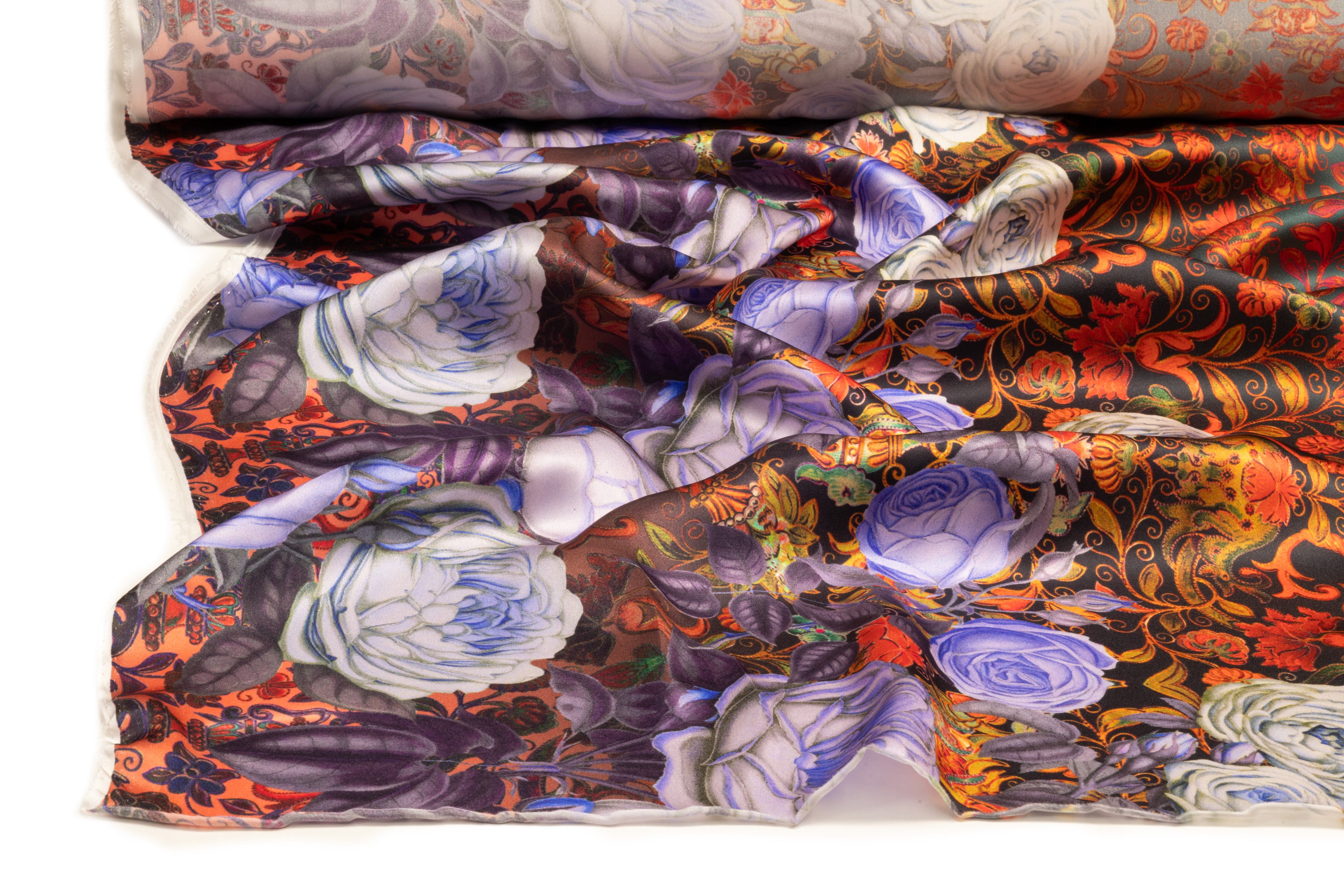 Baroque Floral Border Print Italian Silk Charmeuse - Lavender / Red / Teal