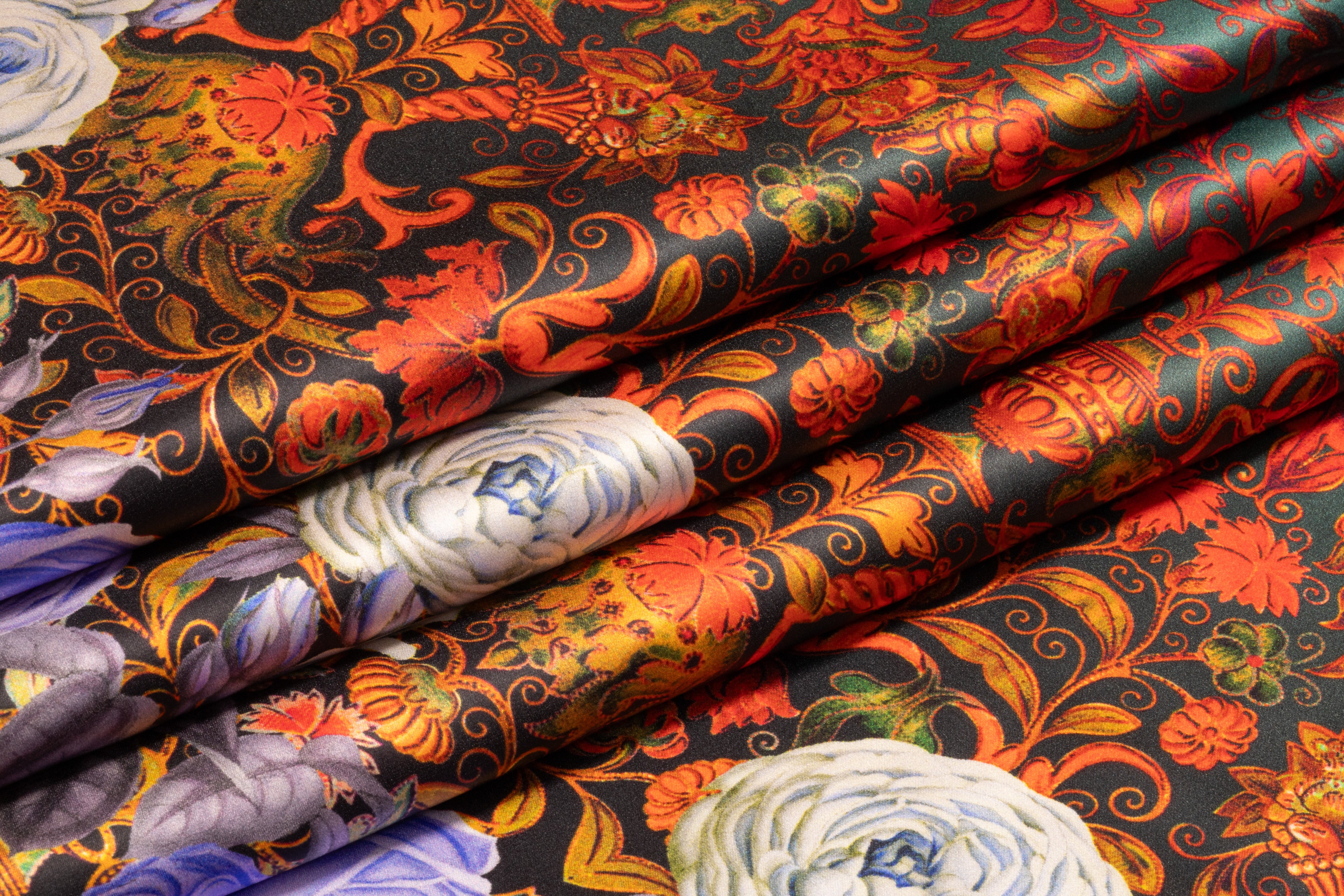 Baroque Floral Border Print Italian Silk Charmeuse - Lavender / Red / Teal