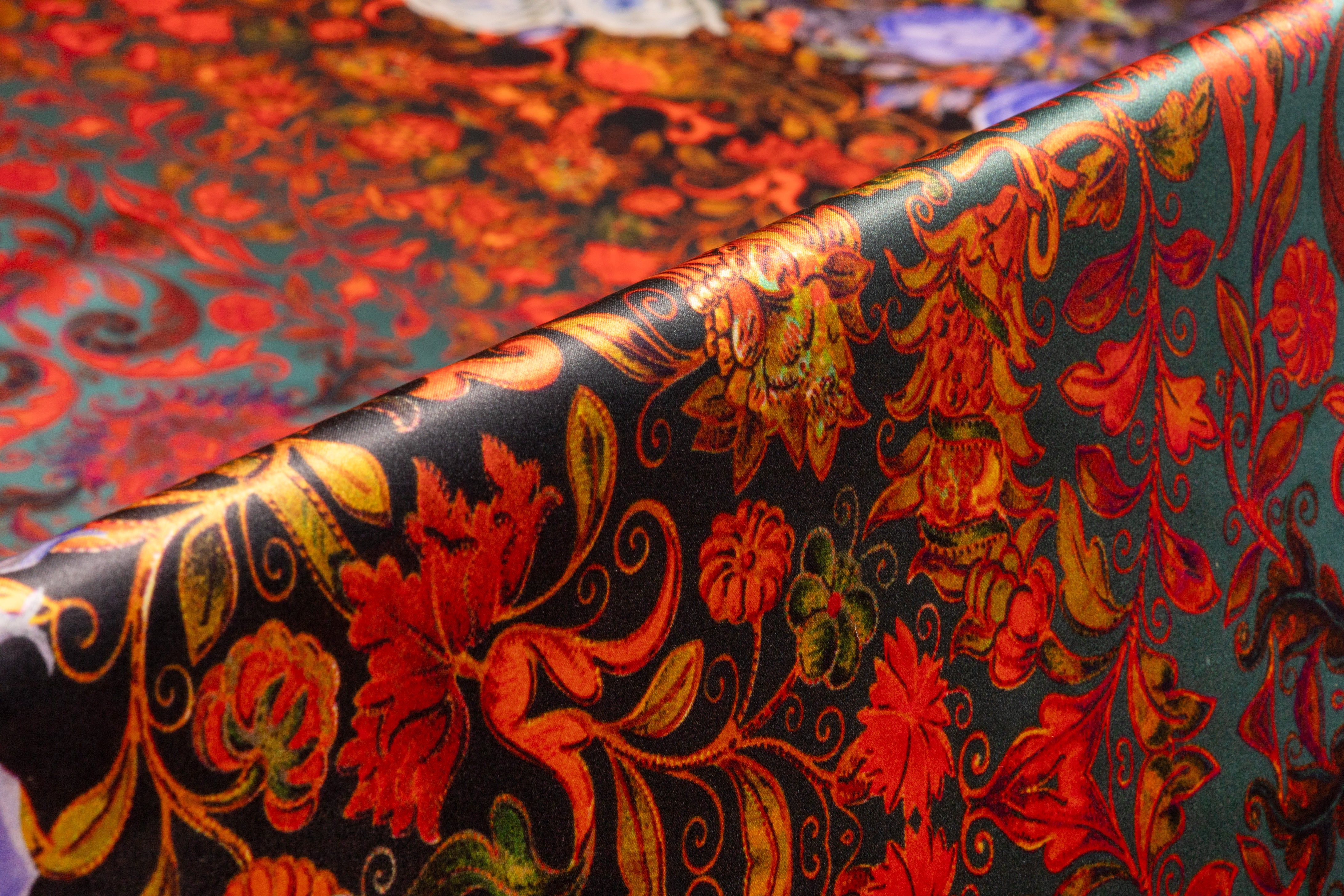 Baroque Floral Border Print Italian Silk Charmeuse - Lavender / Red / Teal