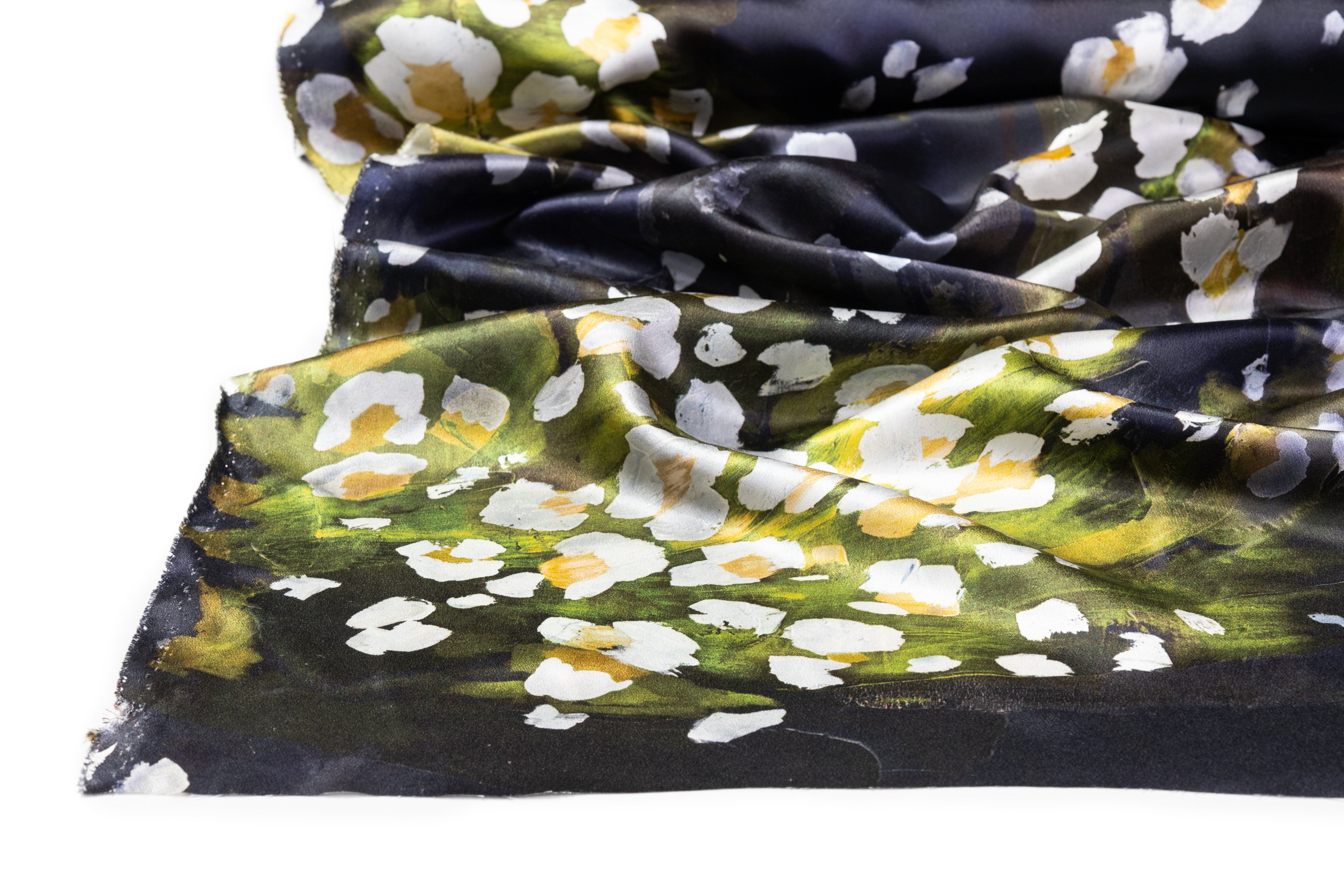 Floral Italian Silk Crepe Back Satin - Navy / Green / Gold