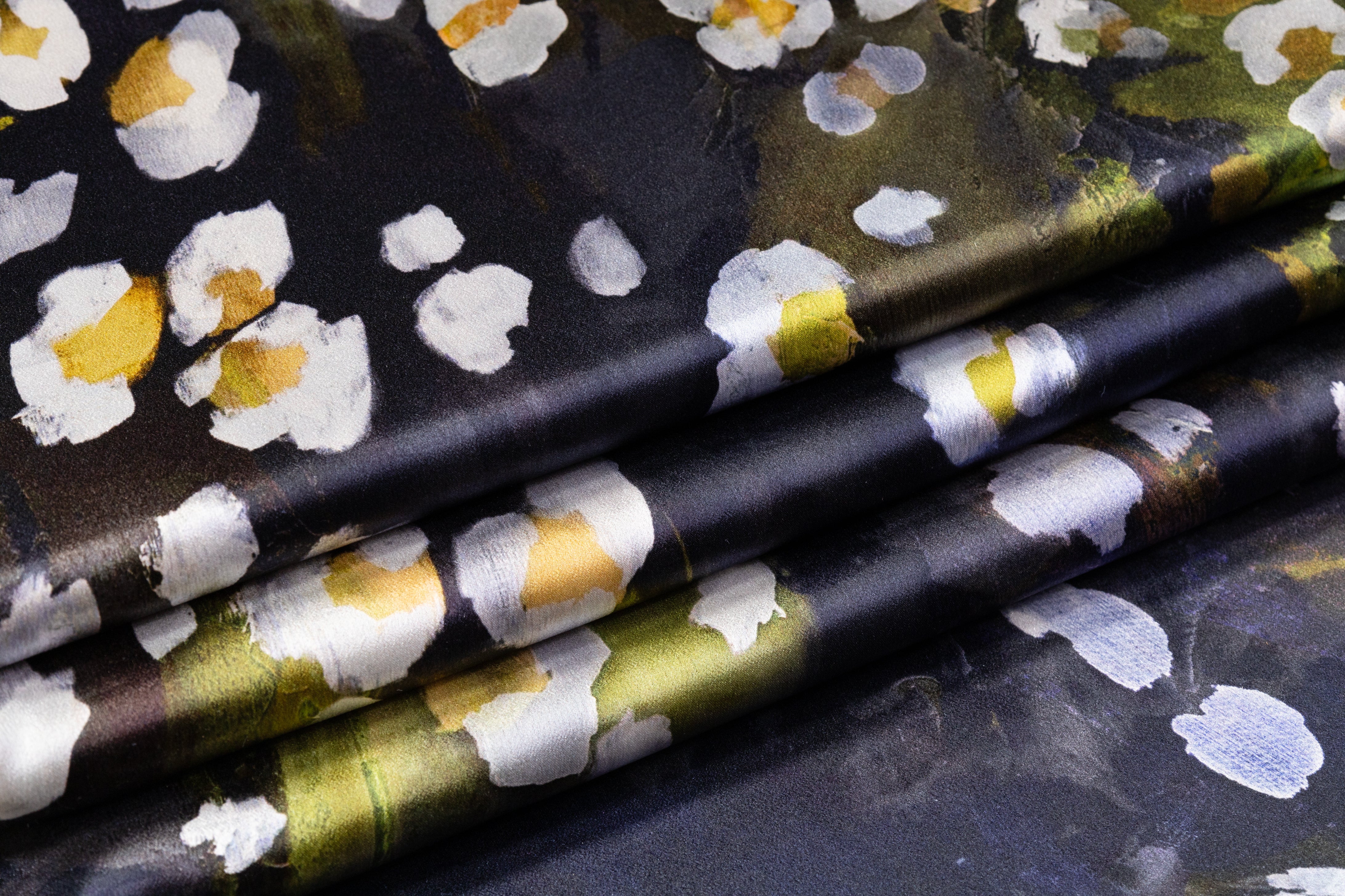 Floral Italian Silk Crepe Back Satin - Navy / Green / Gold