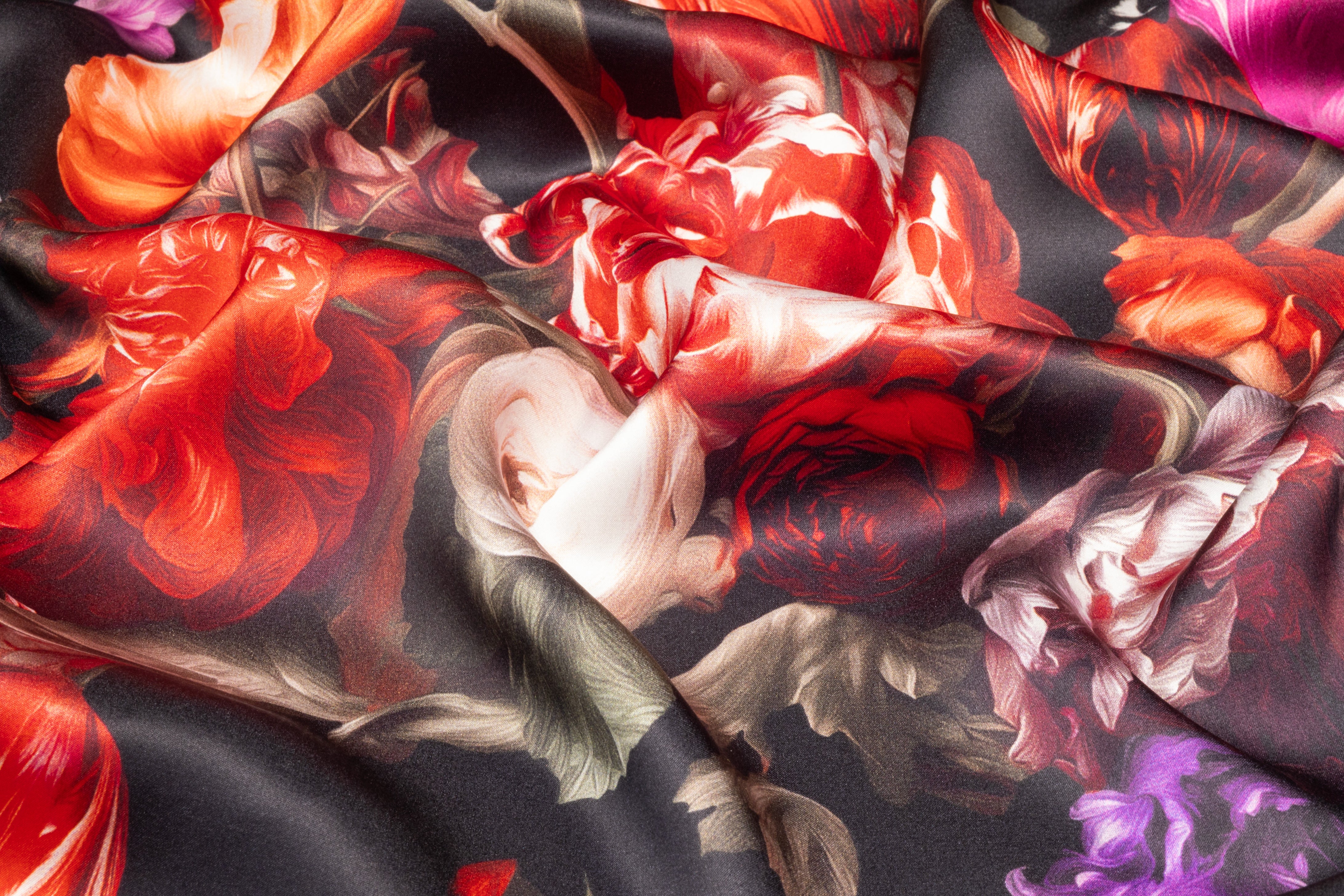 Floral Italian Silk Charmeuse - Red / Fuchsia / Black