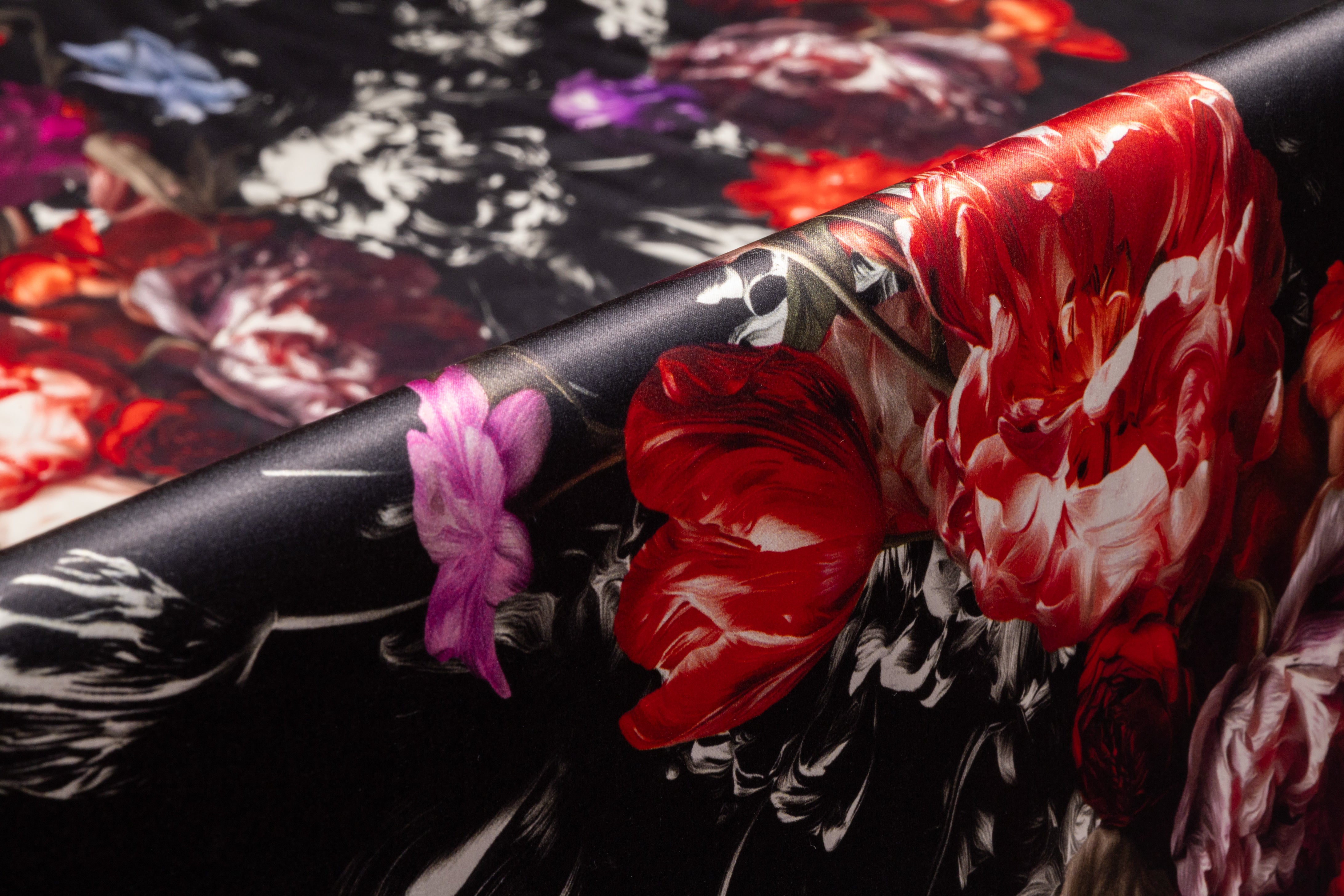 Floral Italian Silk Charmeuse - Red / Fuchsia / Black