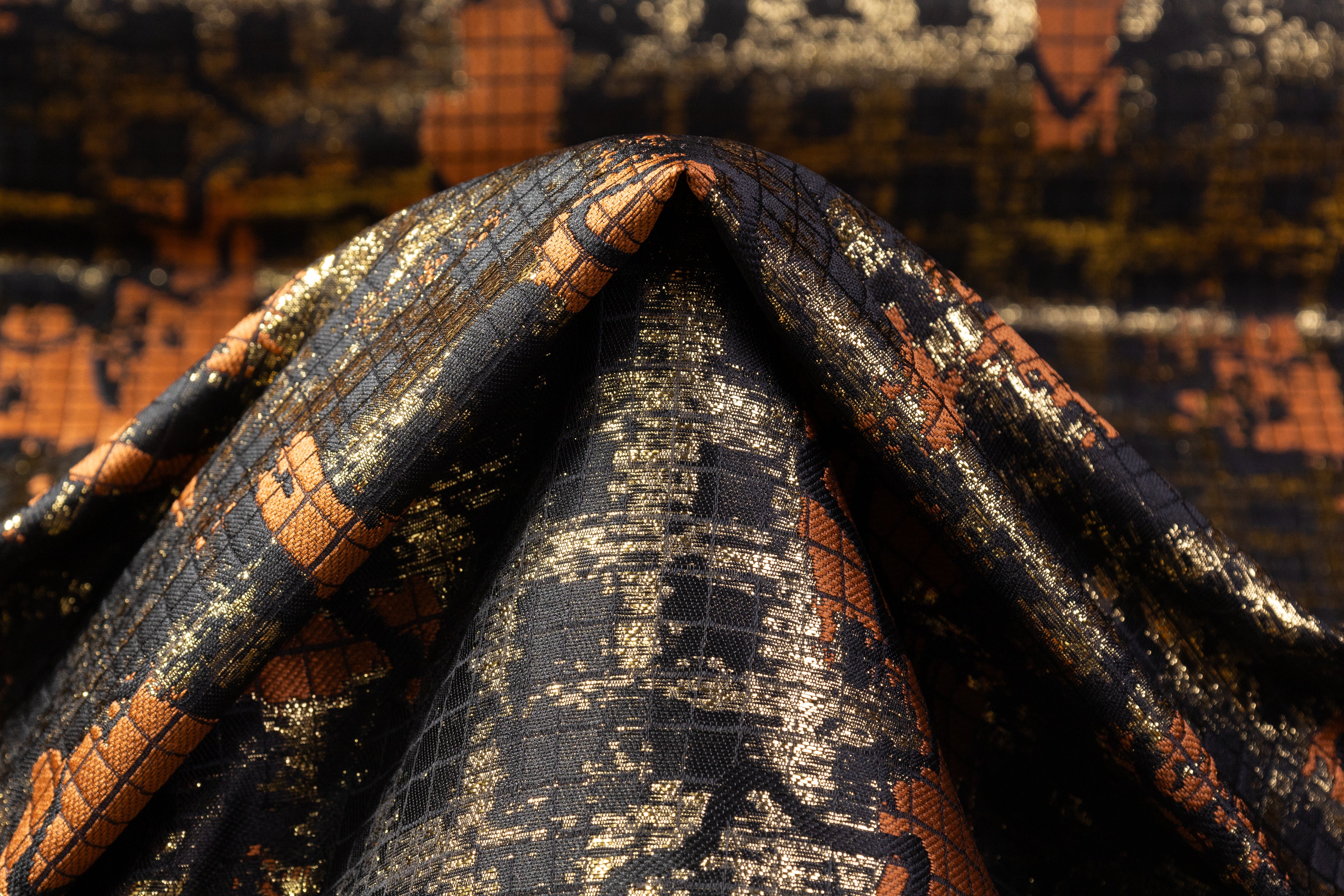 Star Metallic Italian Brocade - Black / Gold / Brown