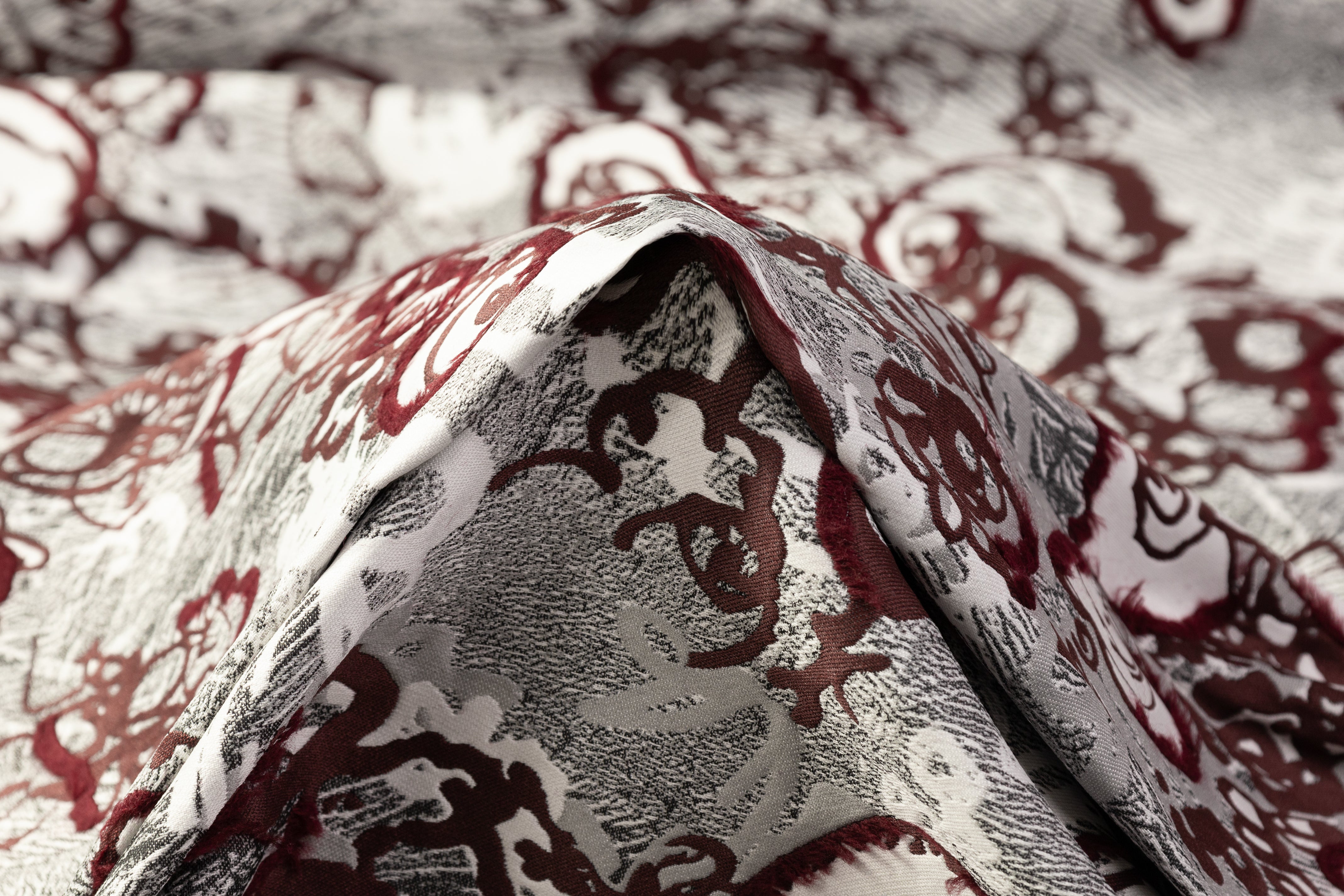 Abstract Italian Fil Coupé Brocade - Burgundy / Gray / White