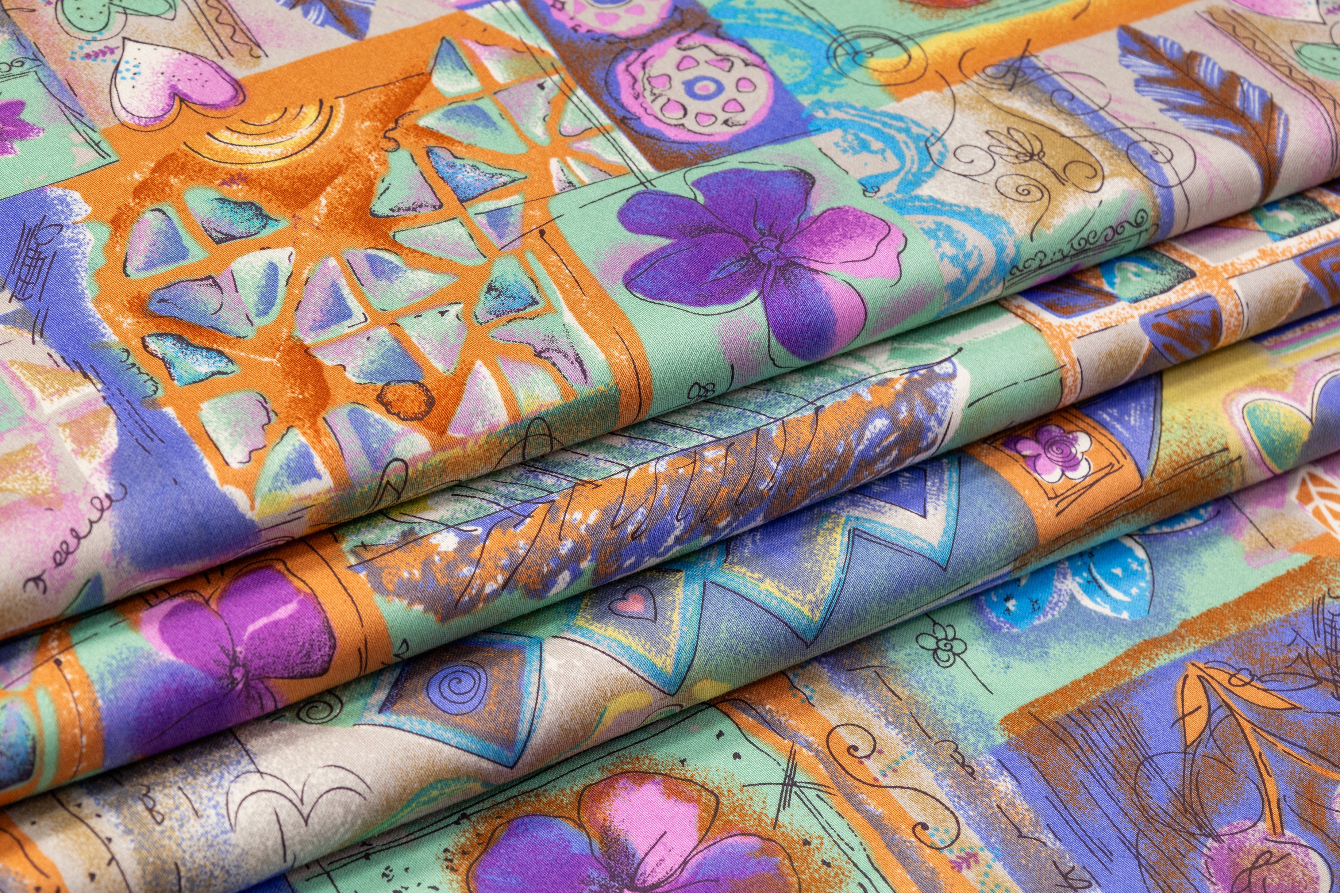 Floral Collage Japanese Cotton Twill - Green / Orange / Purple