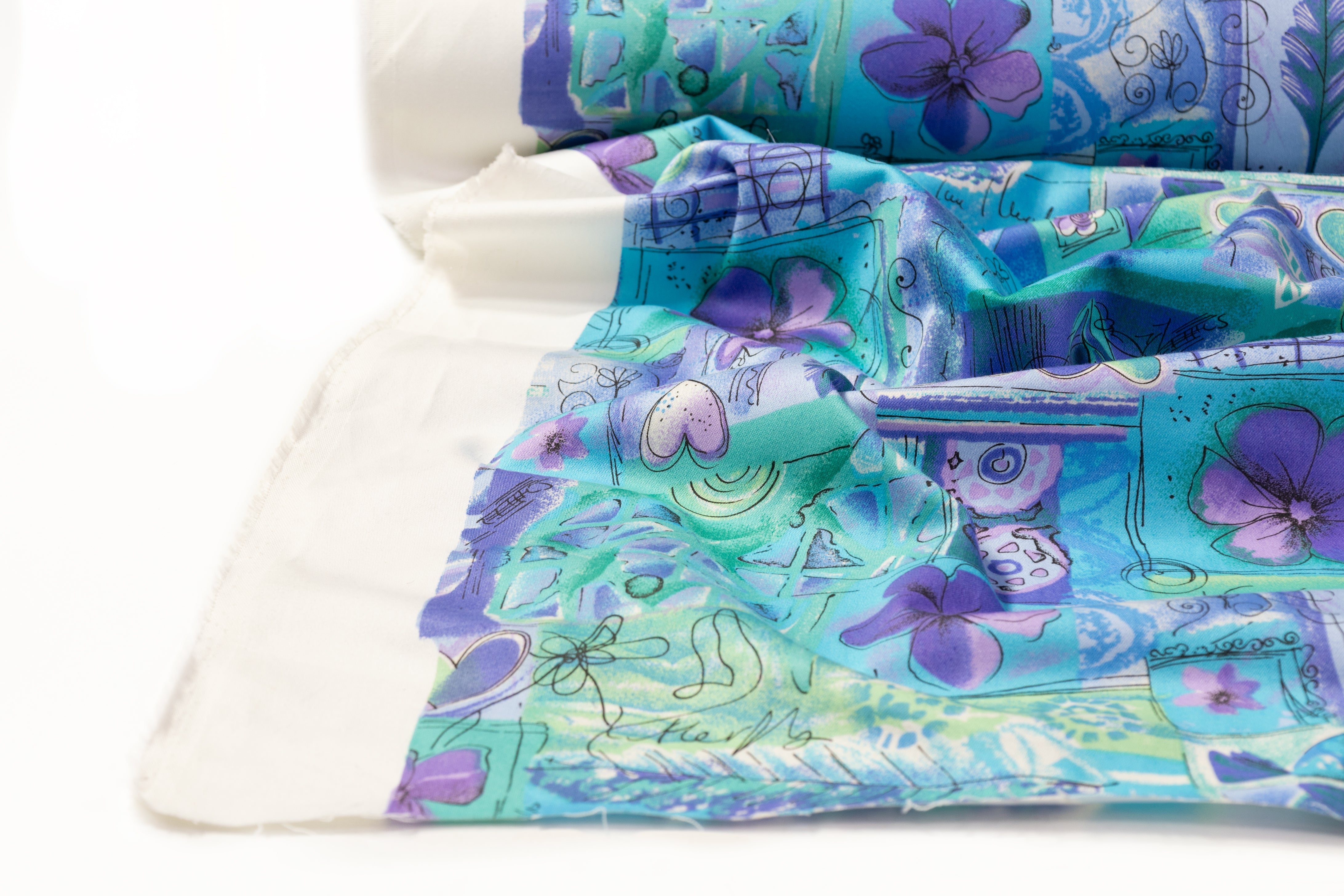Floral Collage Japanese Cotton Twill - Blue / Green / Purple