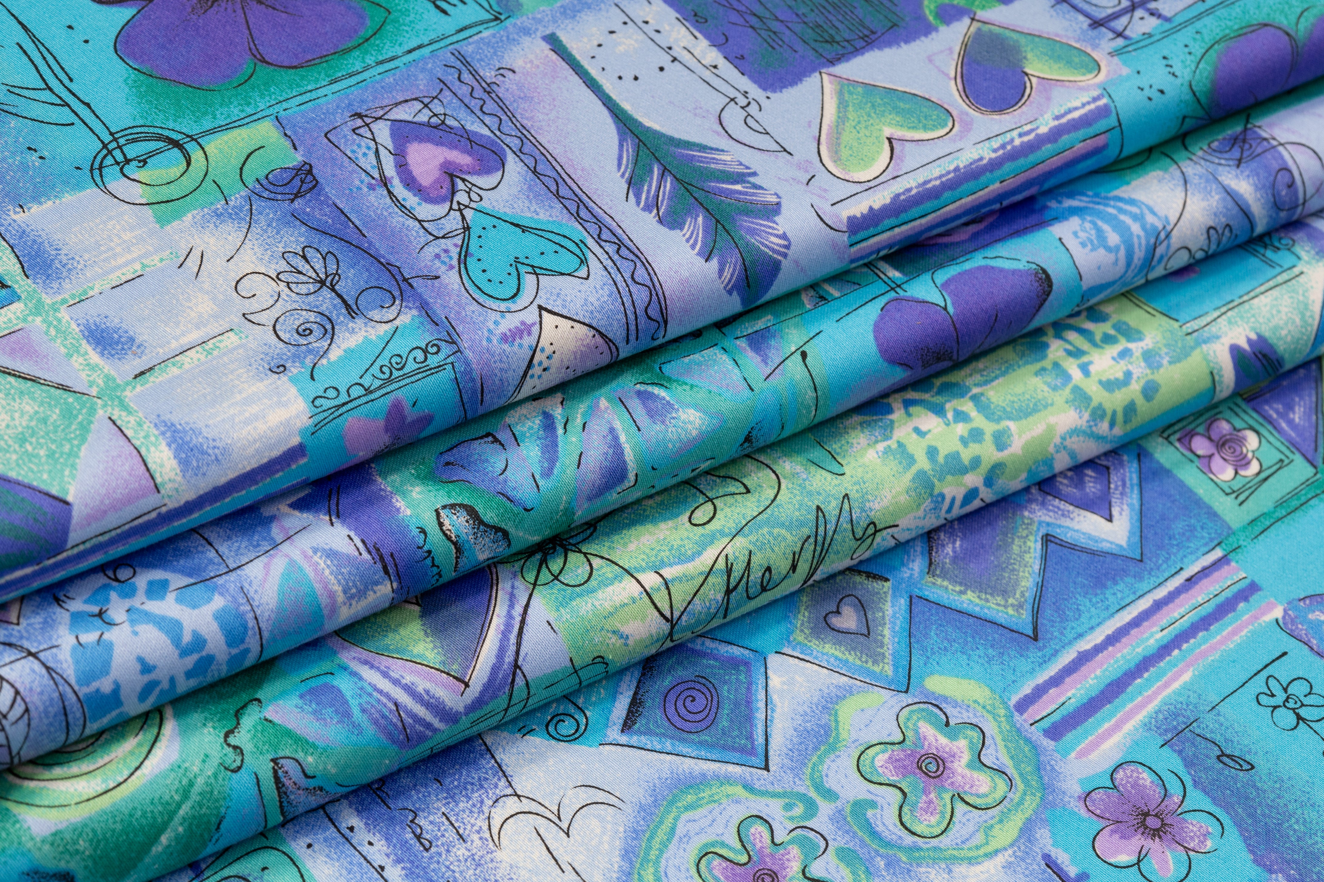 Floral Collage Japanese Cotton Twill - Blue / Green / Purple