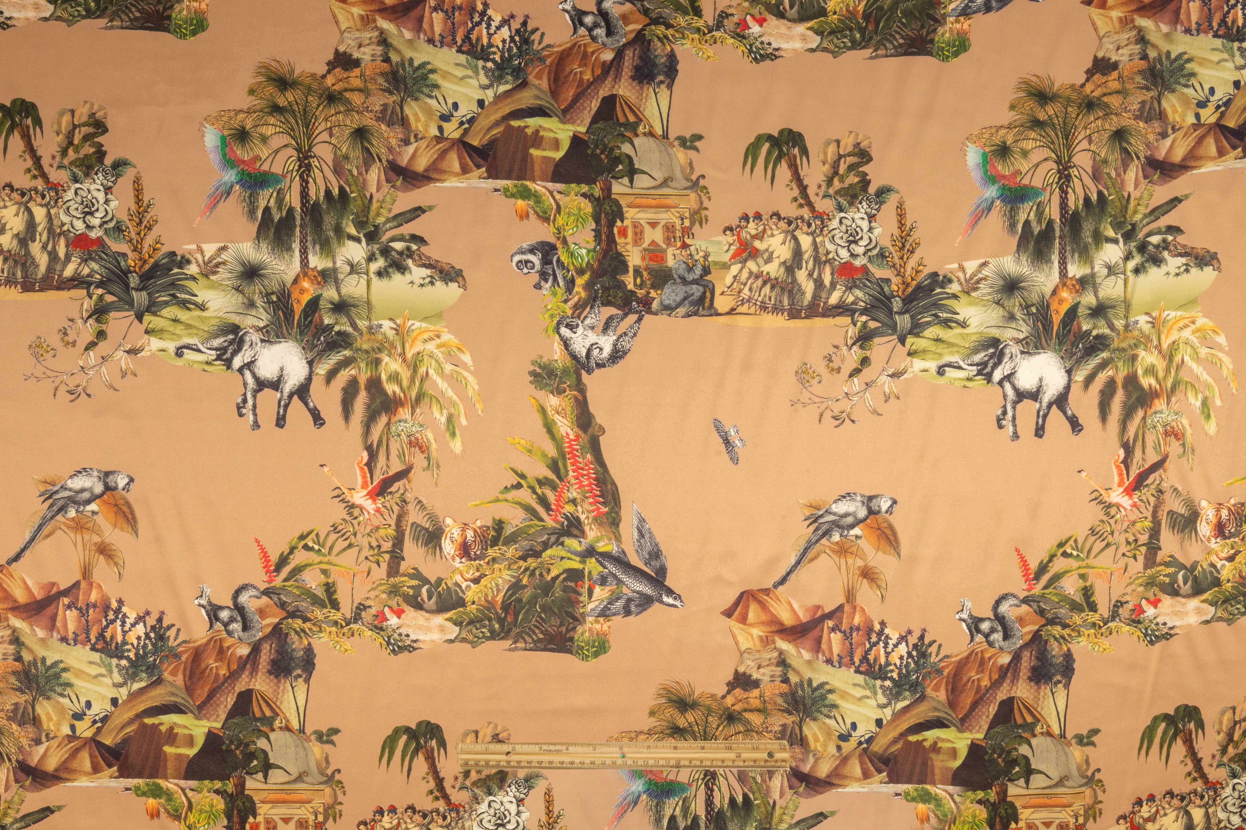 Jungle Toile Italian Silk Charmeuse - Beige