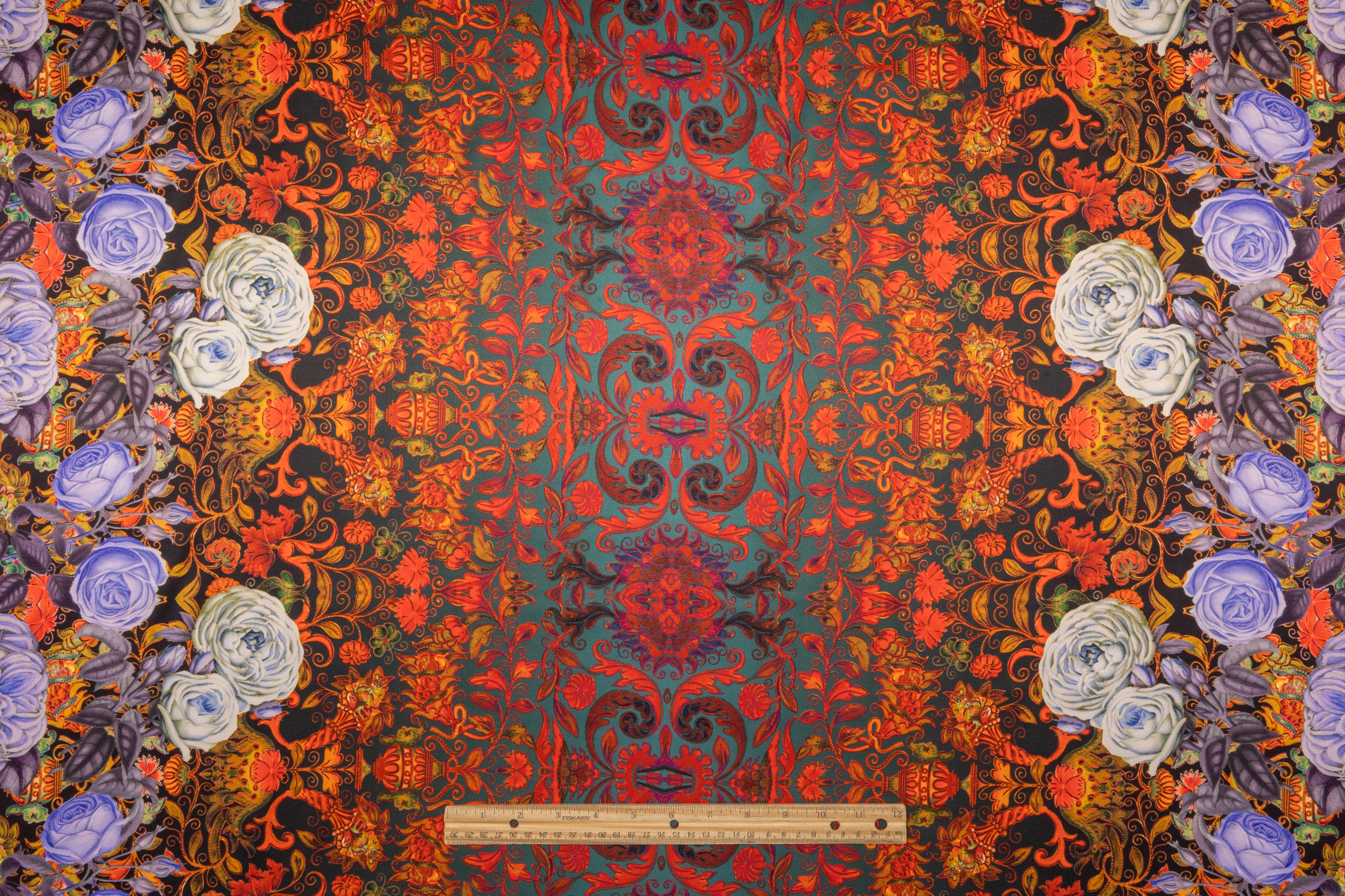 Baroque Floral Border Print Italian Silk Charmeuse - Lavender / Red / Teal
