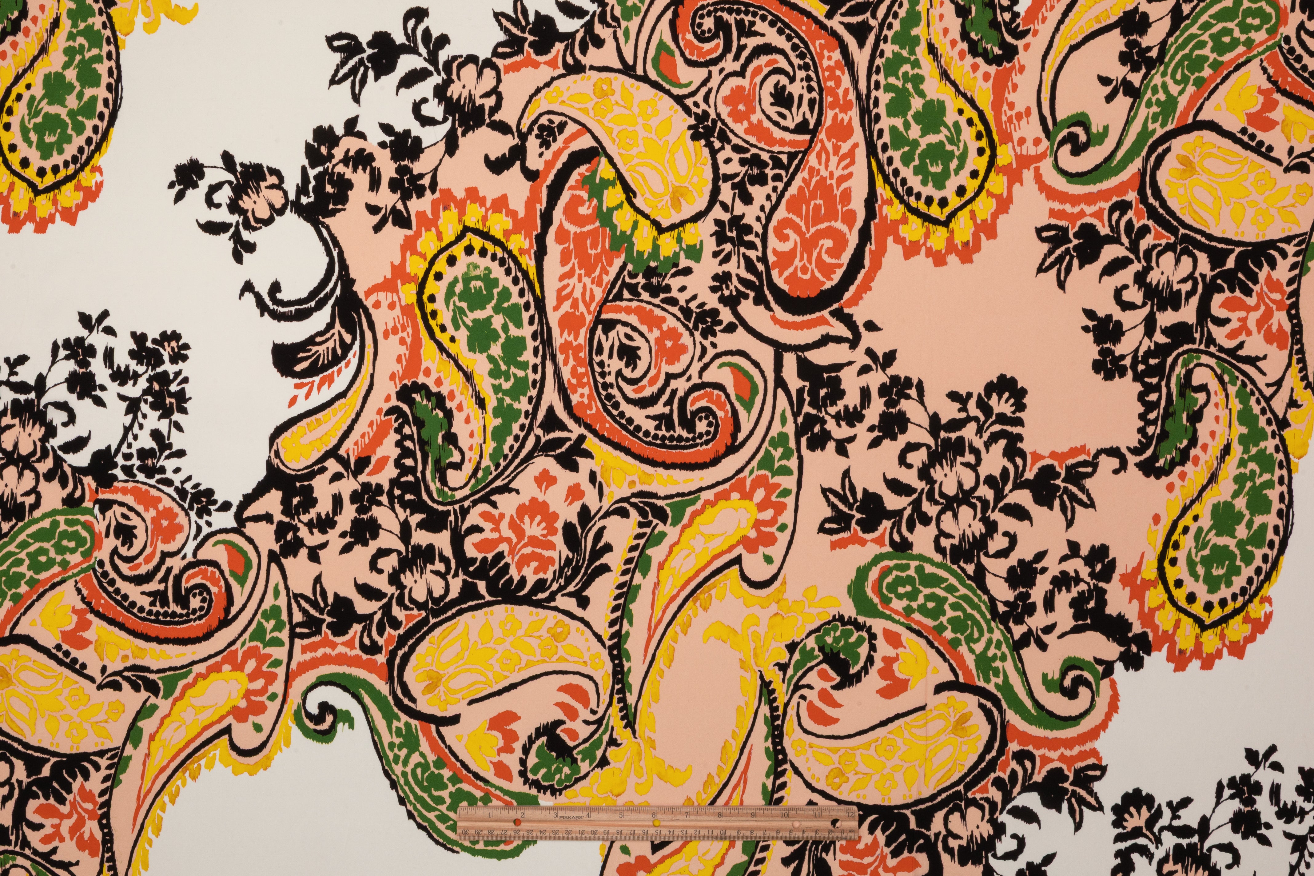 Paisley Italian Silk Crepe de Chine - Coral / Yellow / Green / Blush