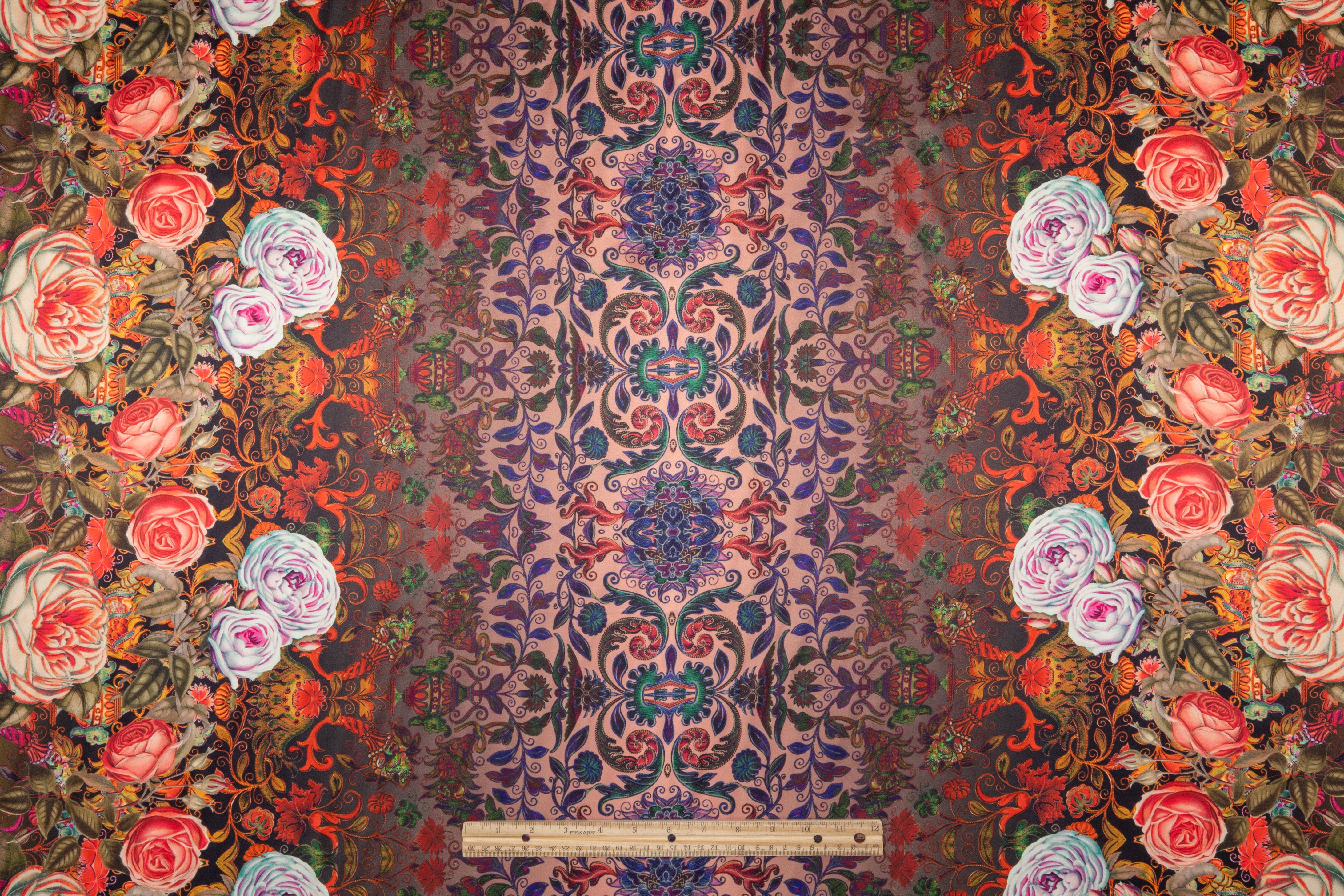 Baroque Floral Border Print Italian Silk Charmeuse - Coral / Yellow / Olive