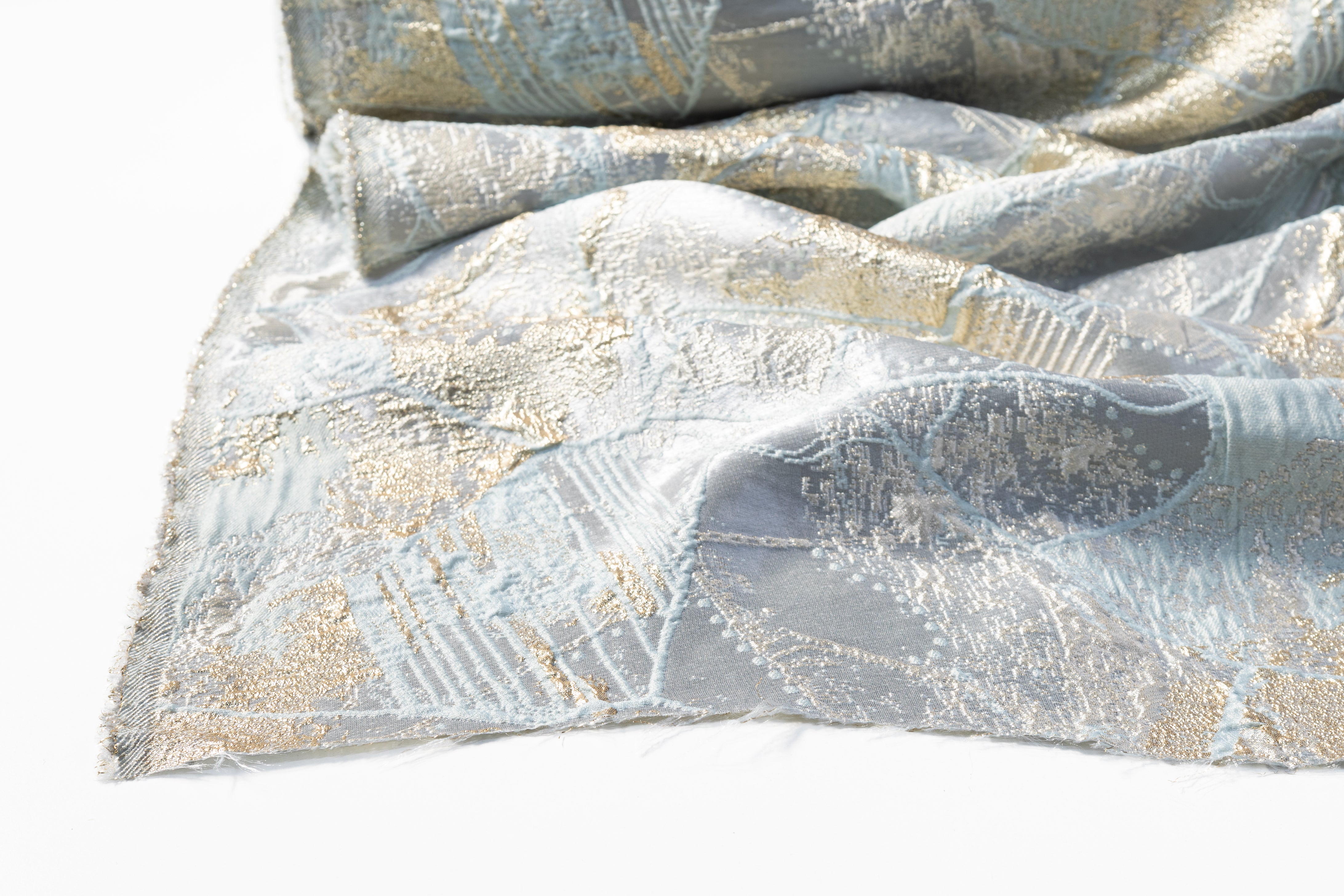 Abstract Metallic Cloqué Brocade - Gold / Blue / Platinum