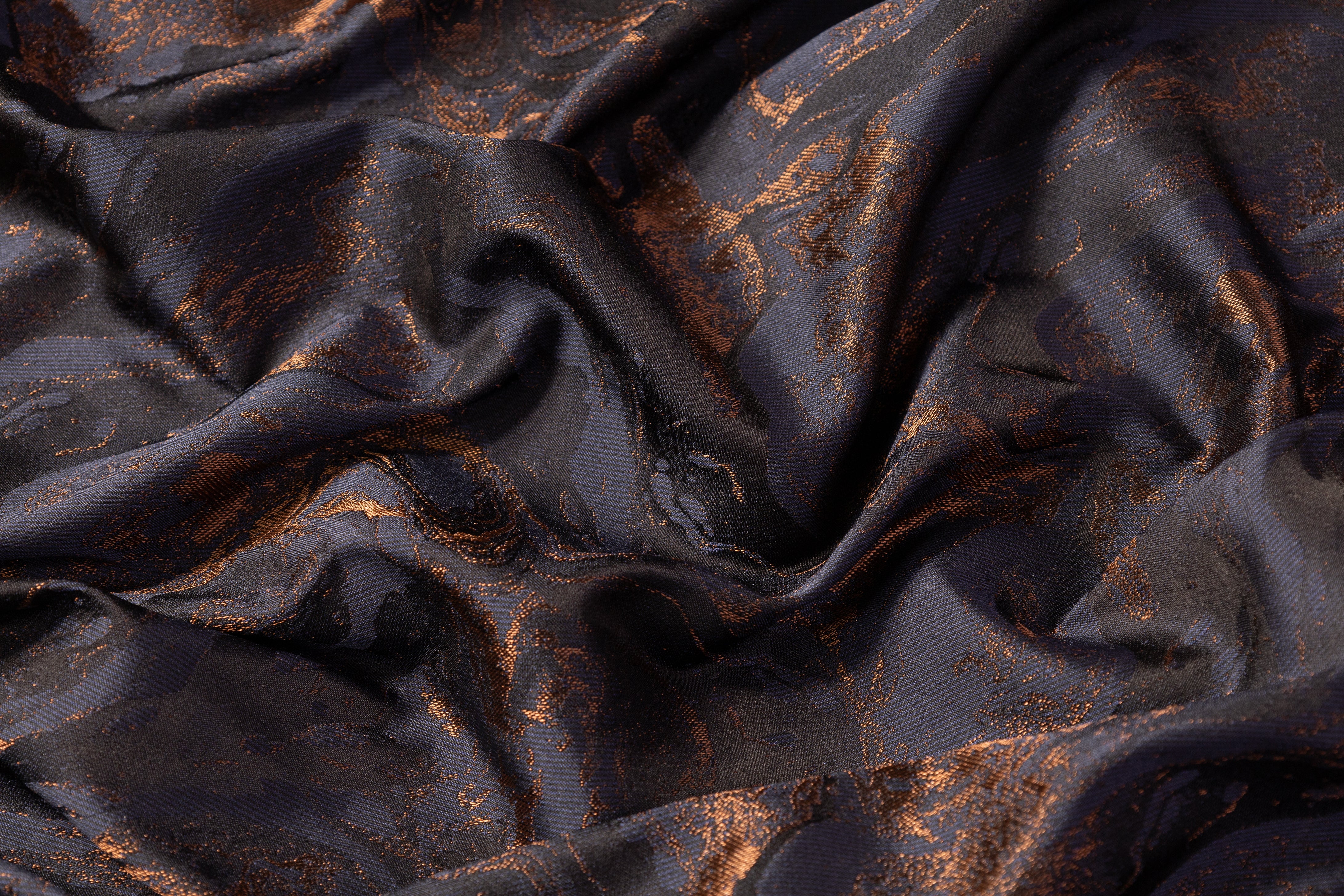 Abstract Italian Silk Blend Brocade - Navy / Copper