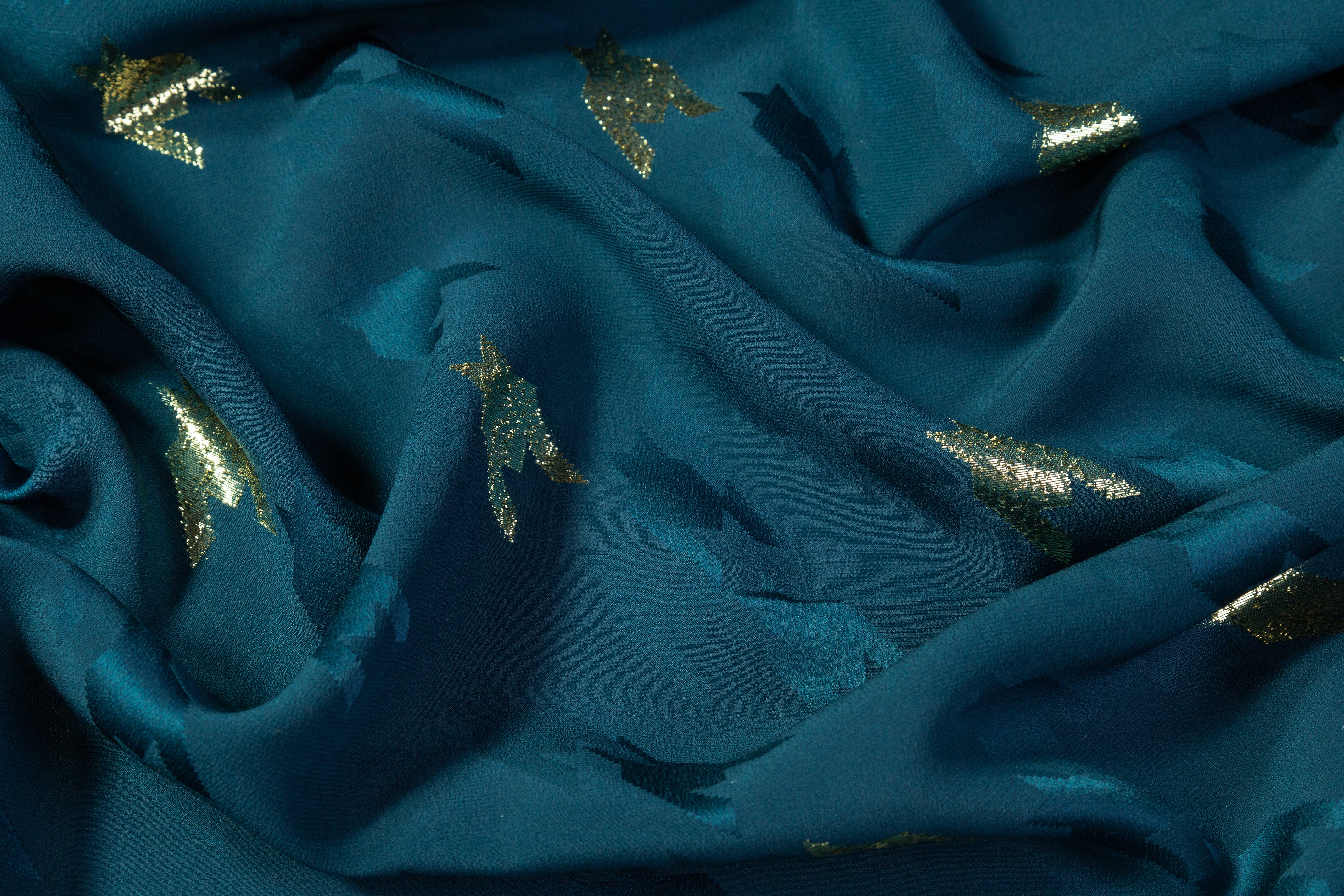 Houndstooth Italian Metallic Silk Jacquard - Teal Blue / Gold