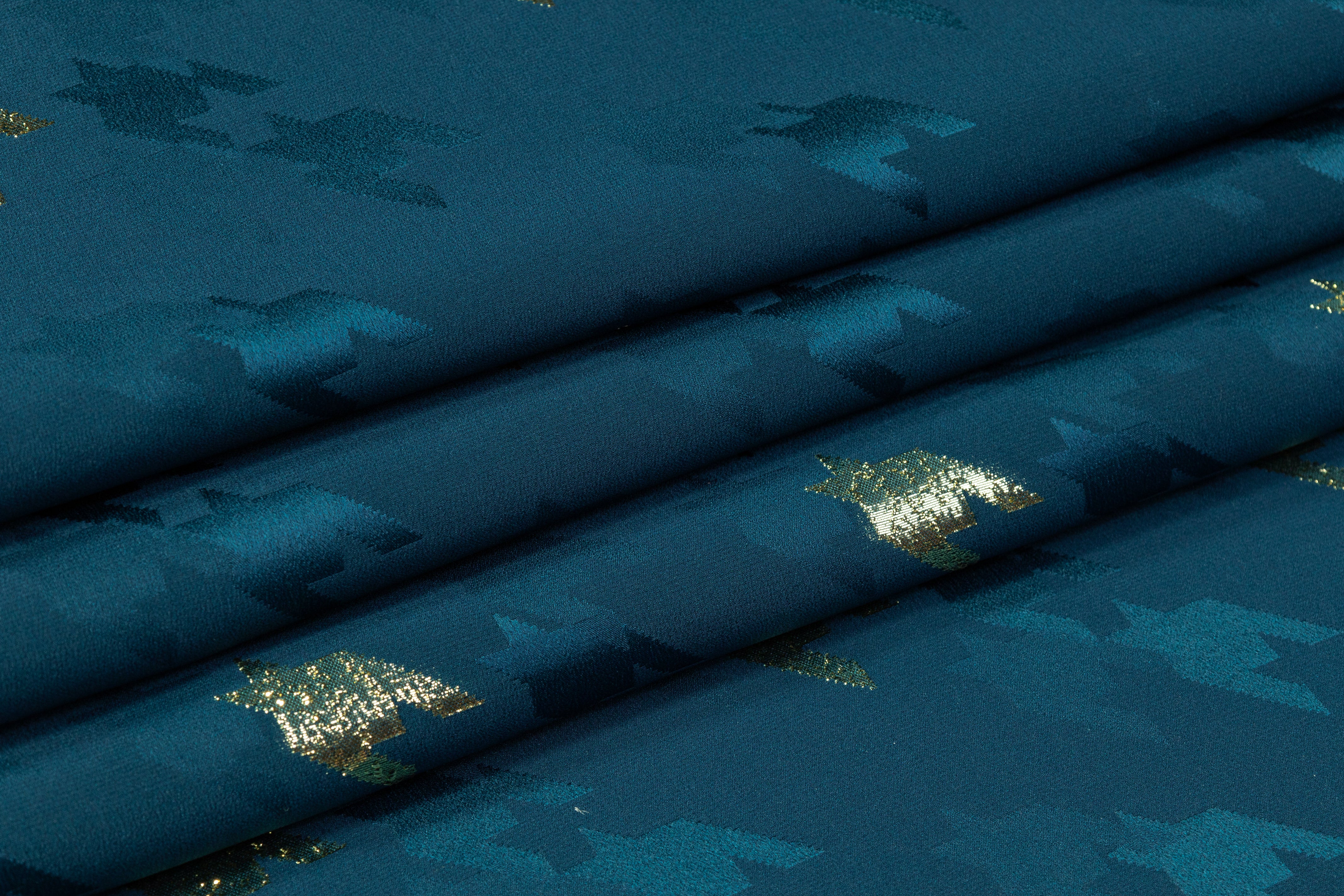 Houndstooth Italian Metallic Silk Jacquard - Teal Blue / Gold