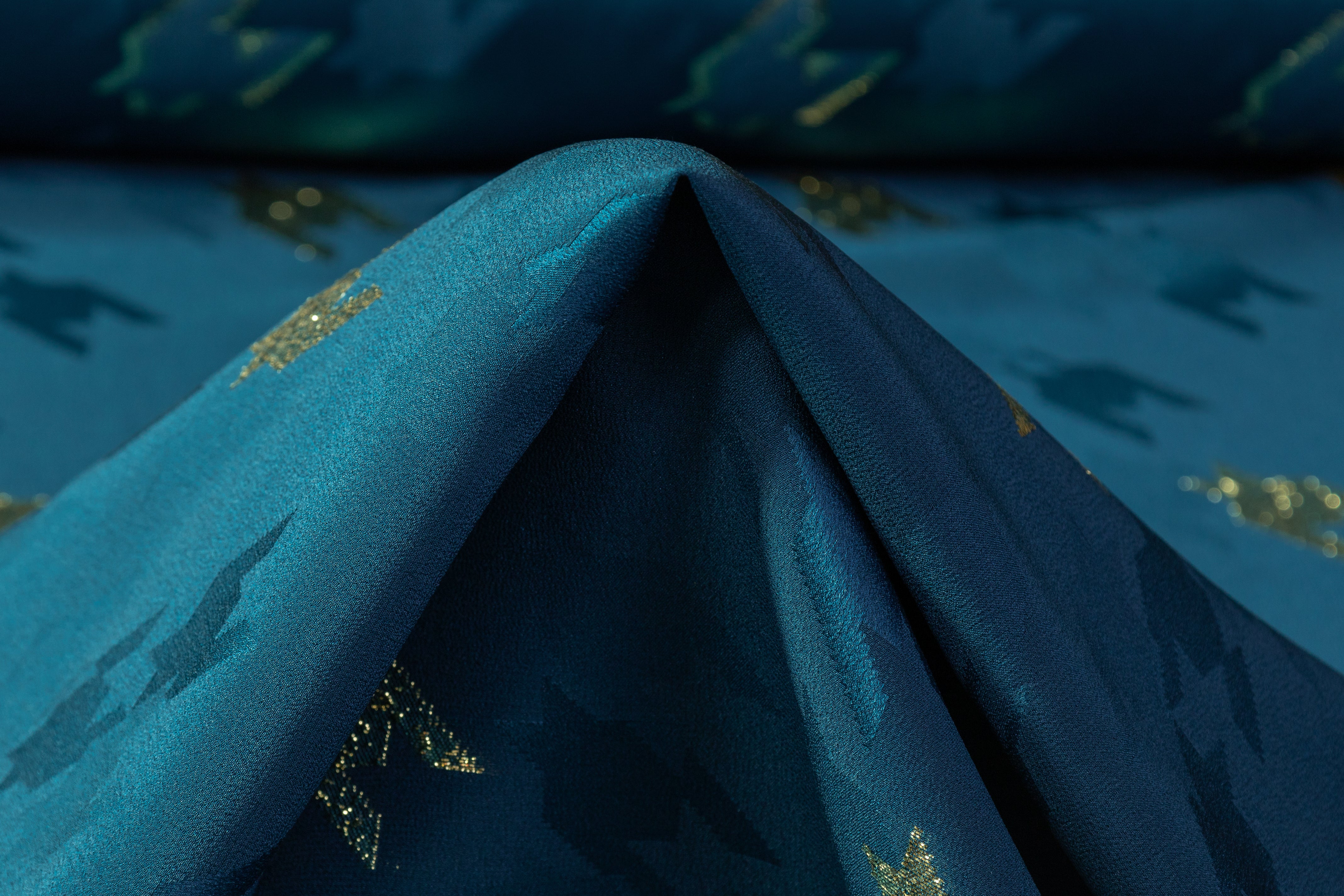 Houndstooth Italian Metallic Silk Jacquard - Teal Blue / Gold