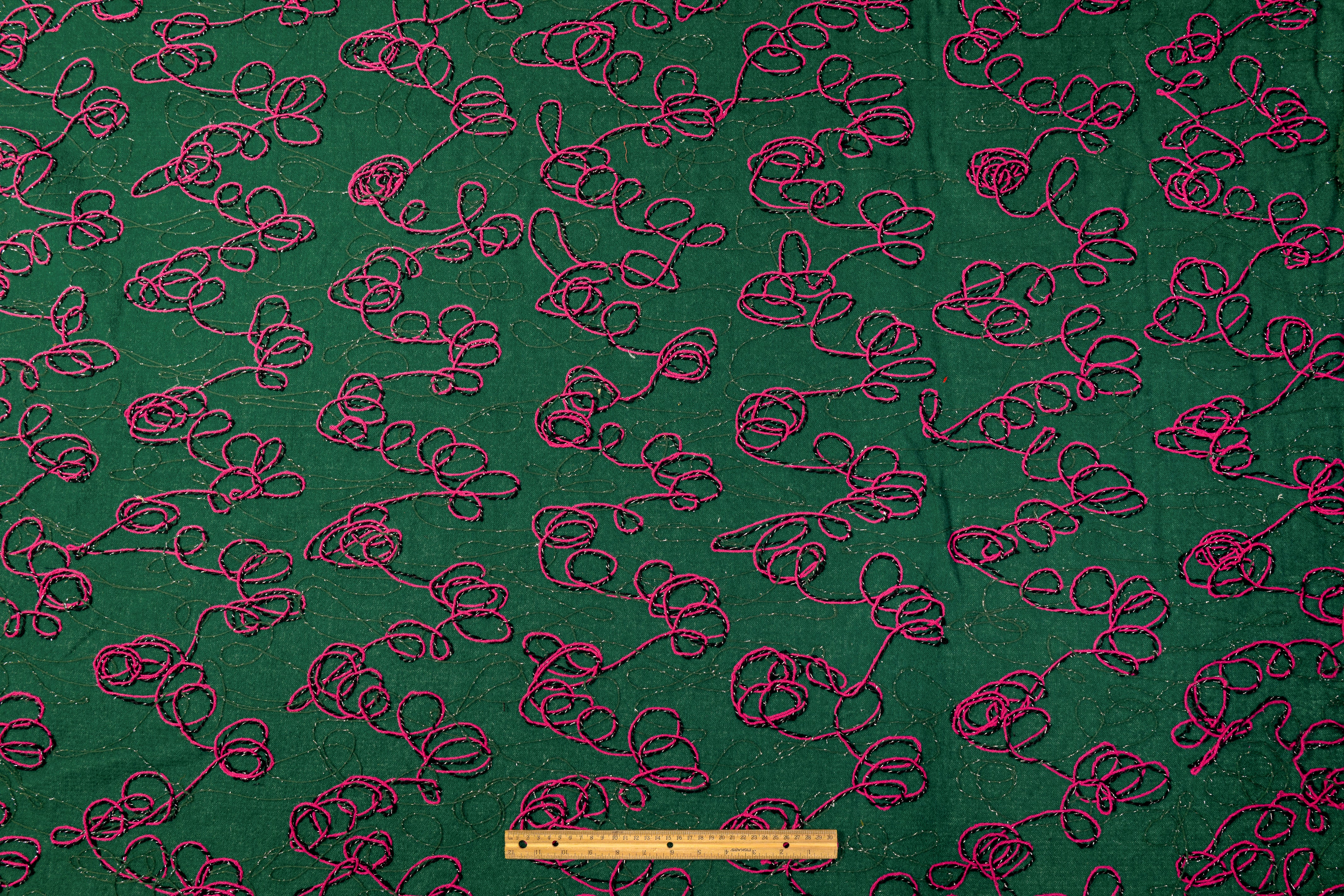 Embroidered Wool Blend Coating - Green / Fuchsia / Black / Silver