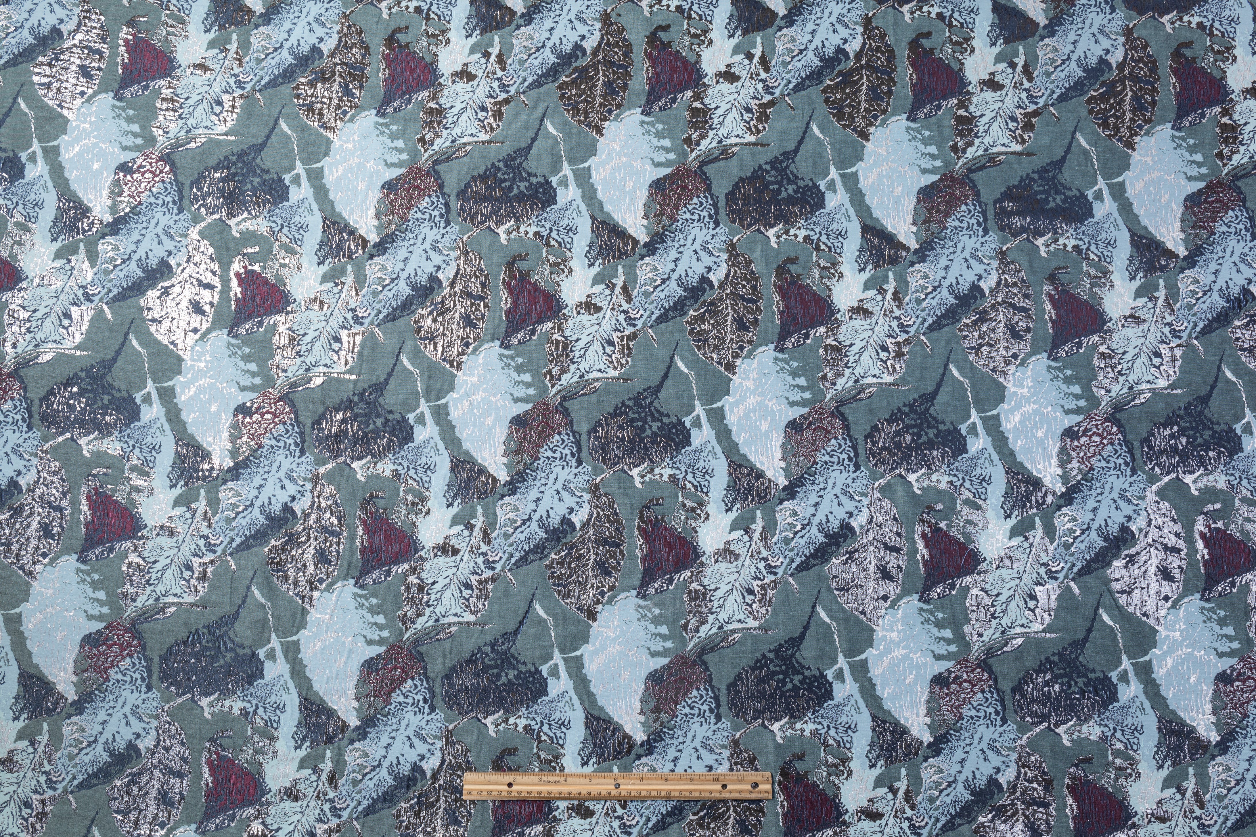 Abstract Metallic Brocade - Blue / Gray / Burgundy