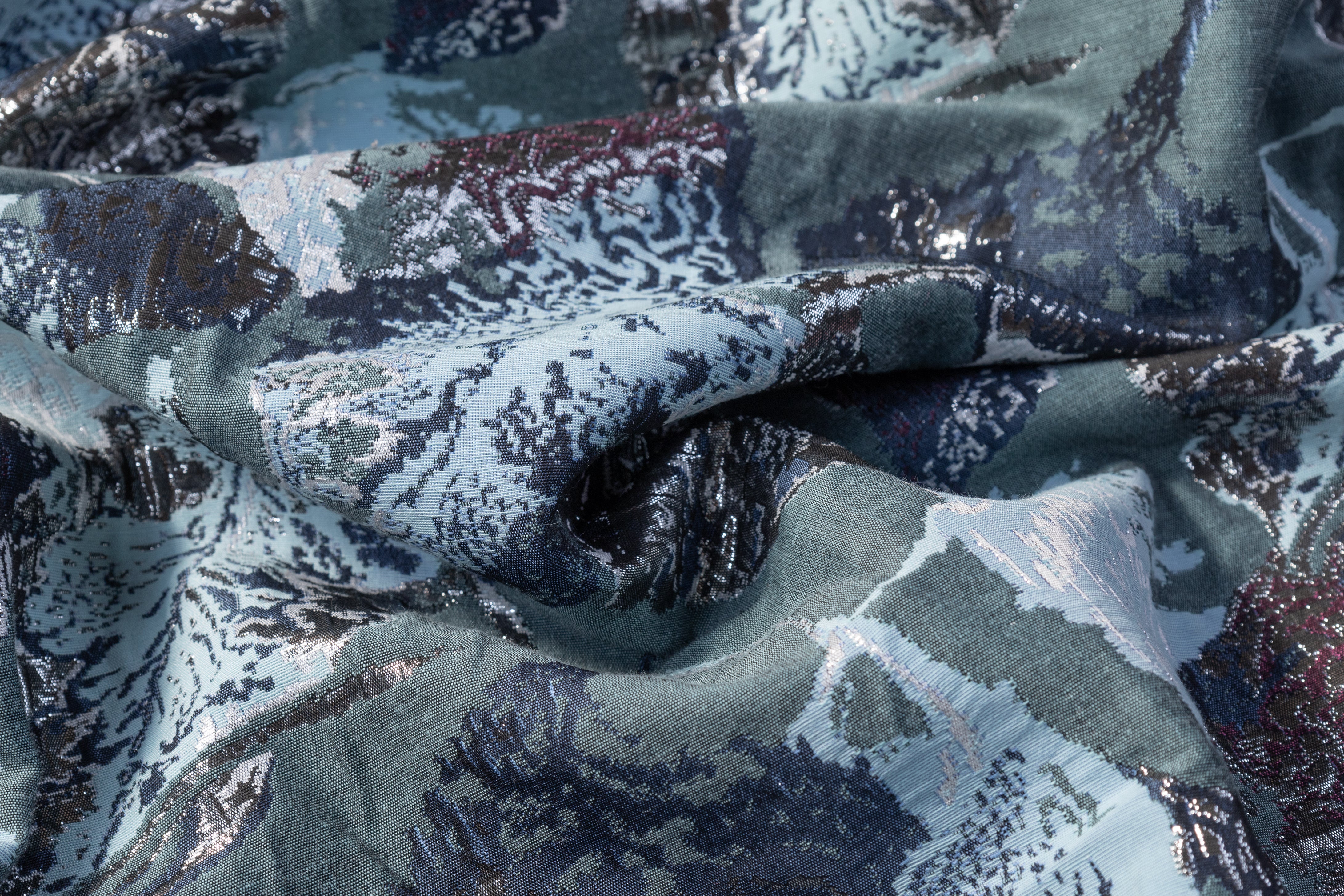 Abstract Metallic Brocade - Blue / Gray / Burgundy