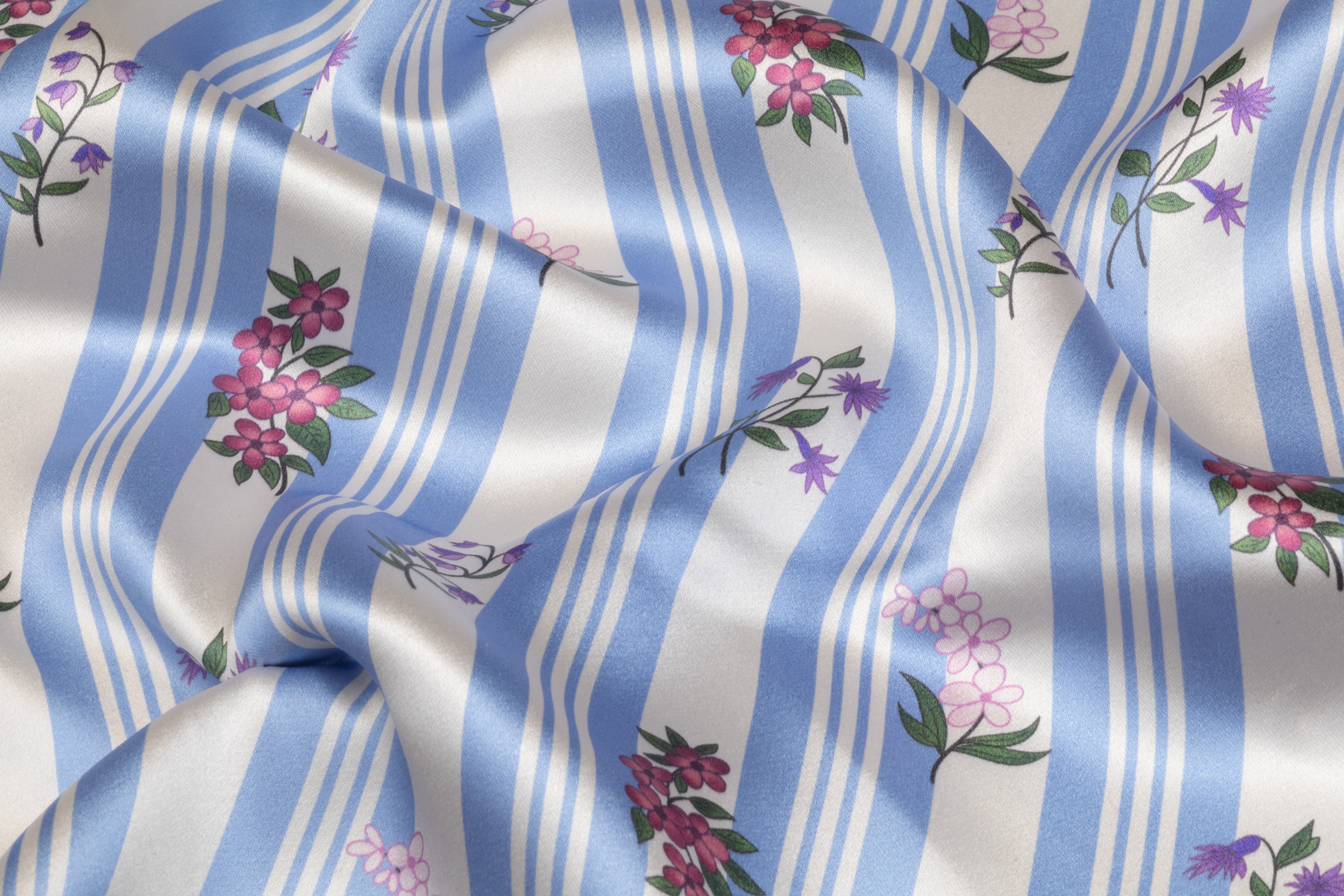 Striped Floral Italian Silk Crepe Back Satin - Blue / White