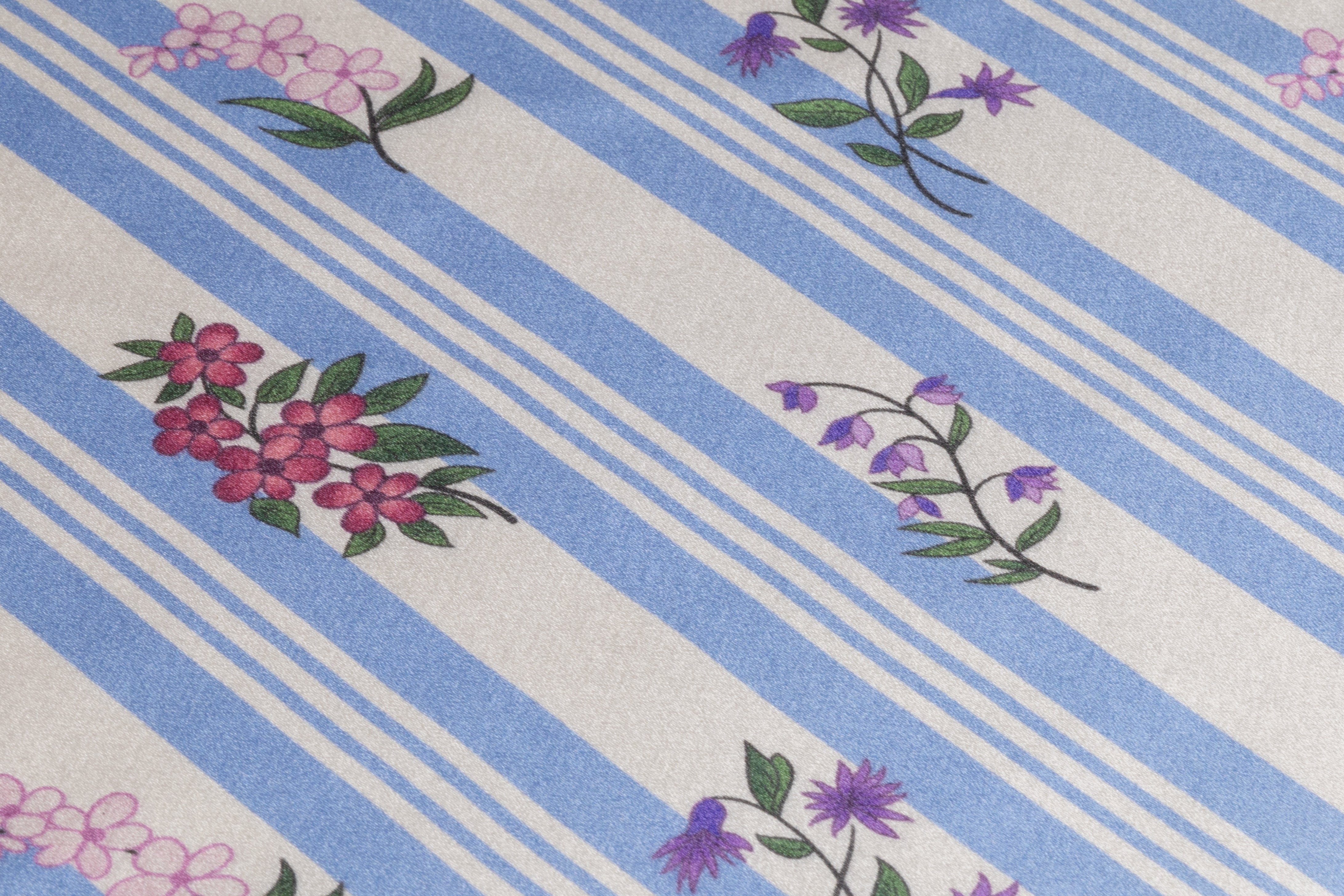 Striped Floral Italian Silk Crepe Back Satin - Blue / White
