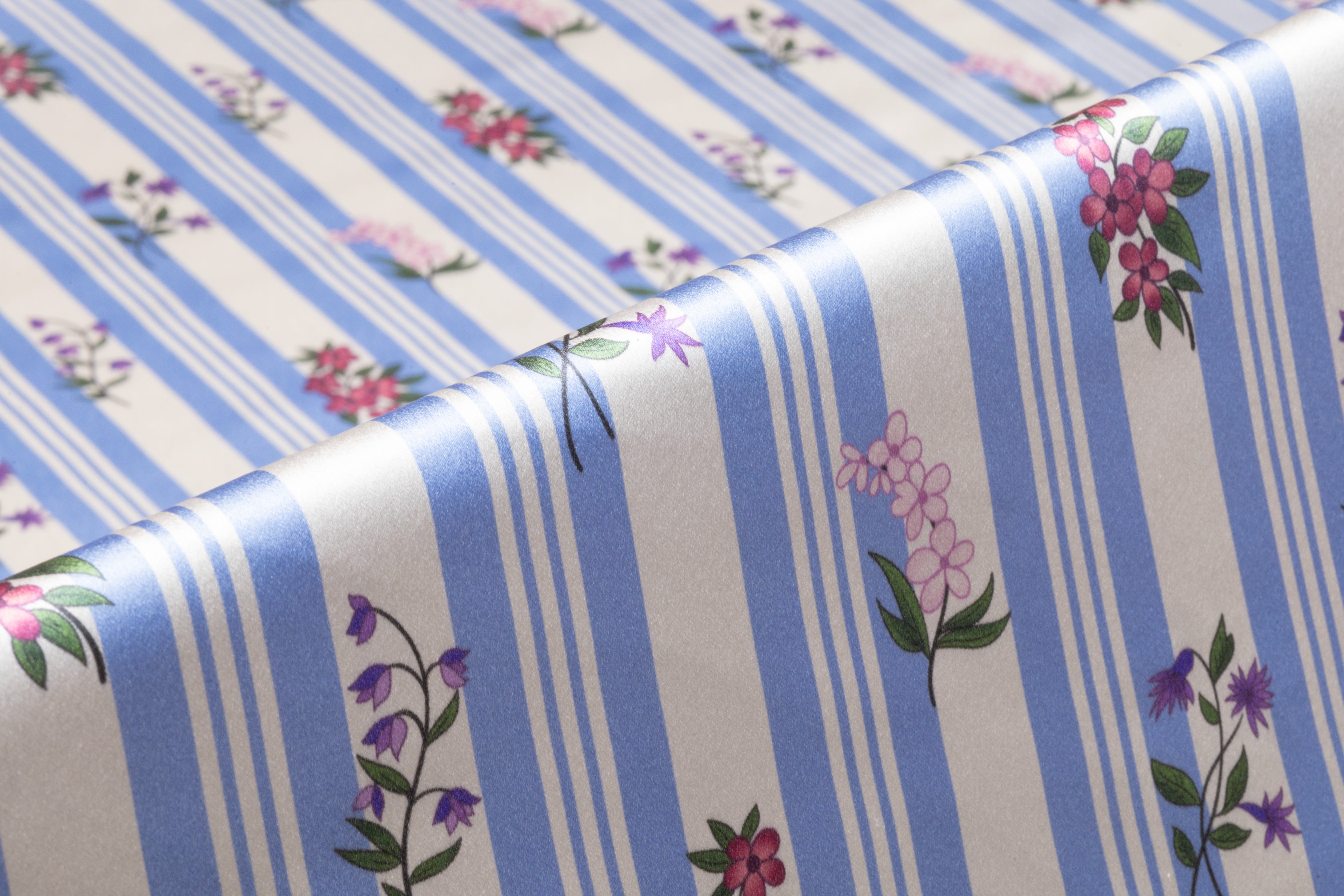 Striped Floral Italian Silk Crepe Back Satin - Blue / White
