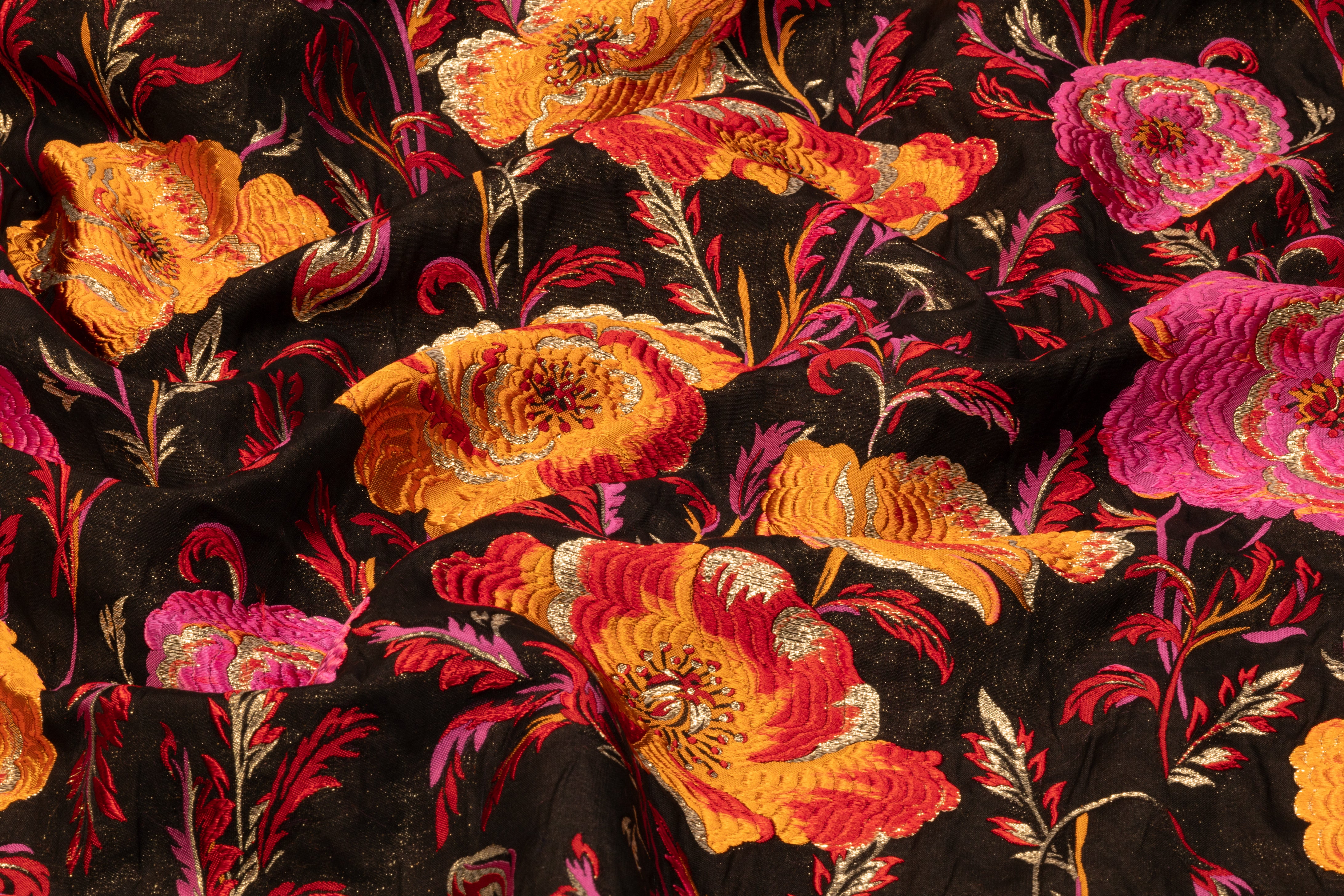 Floral Metallic Italian Silk Blend Brocade - Orange / Magenta / Red