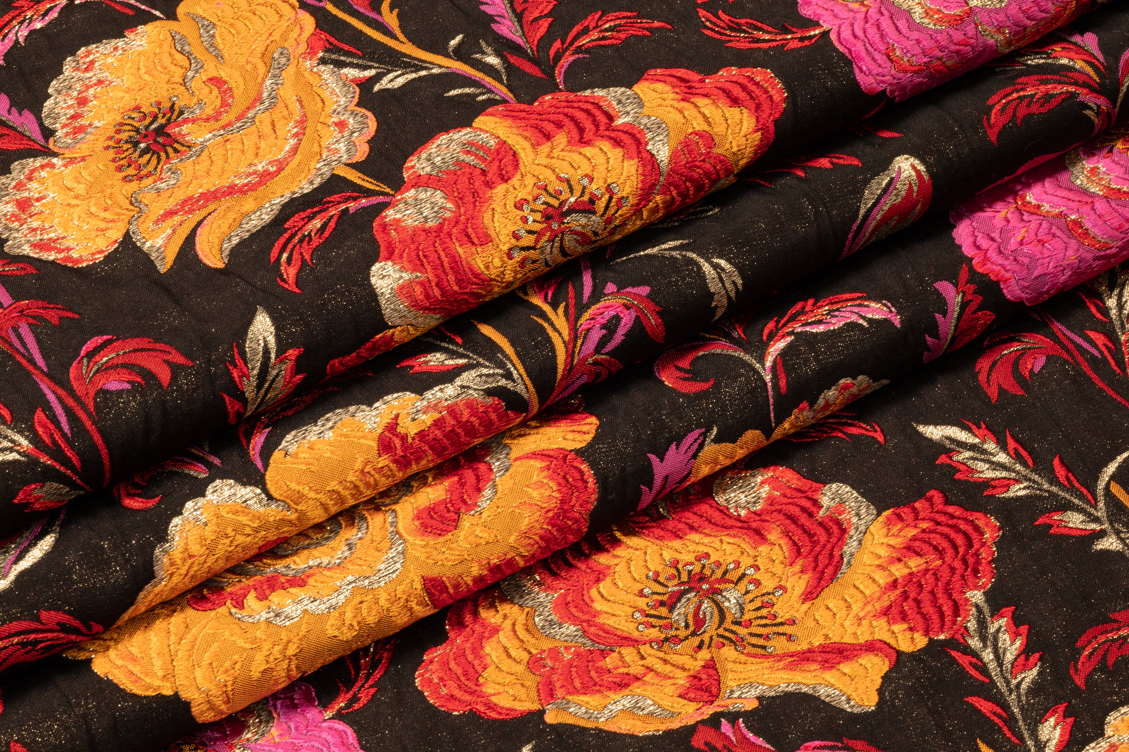 Floral Metallic Italian Silk Blend Brocade - Orange / Magenta / Red
