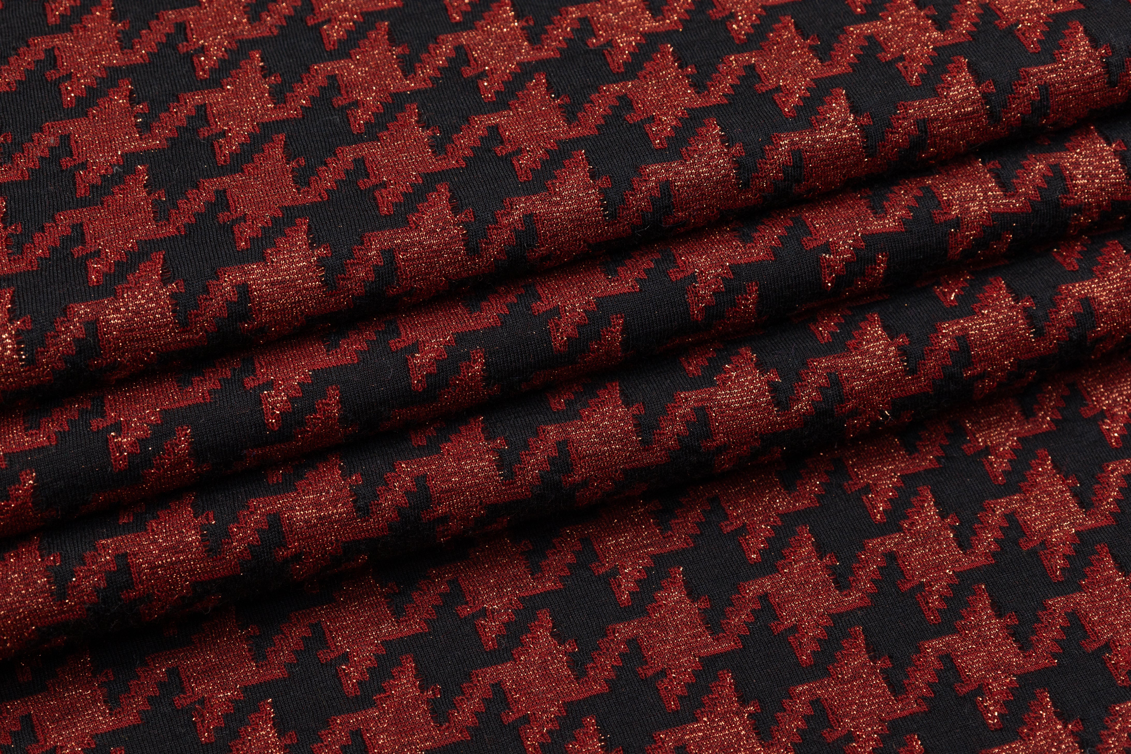 Metallic Houndstooth Jersey Knit - Burgundy / Black