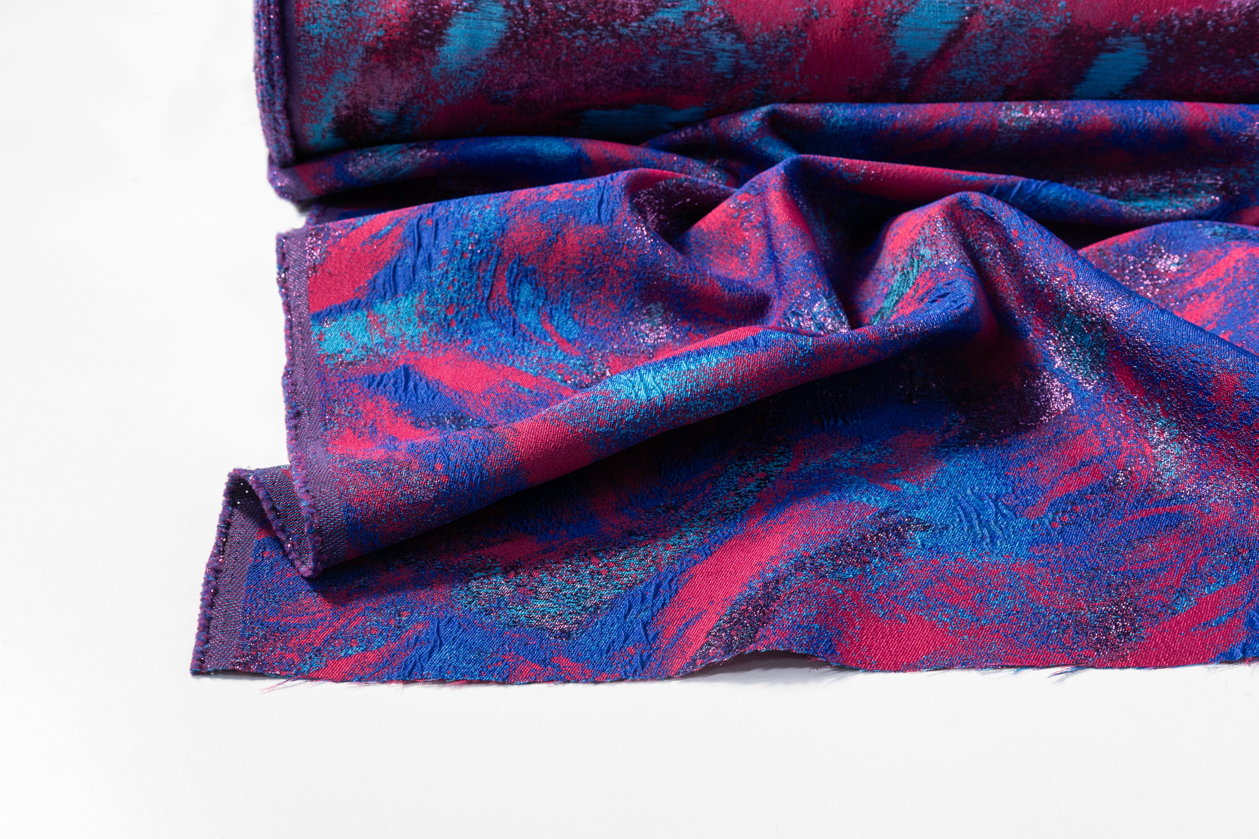 Abstract Metallic Cloqué Brocade - Blue / Raspberry