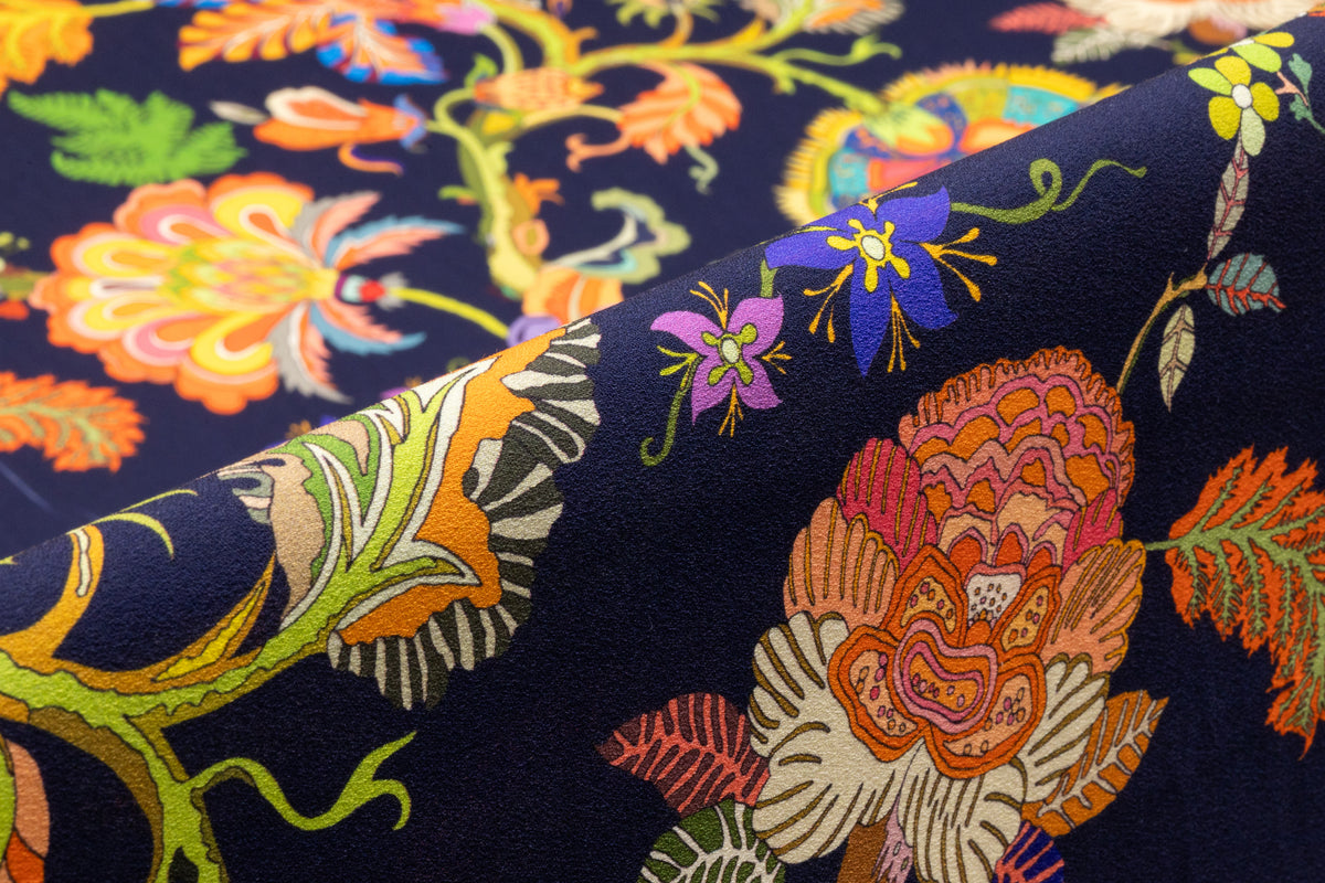 Floral Italian Printed Wool Crepe -Navy / Multicolor