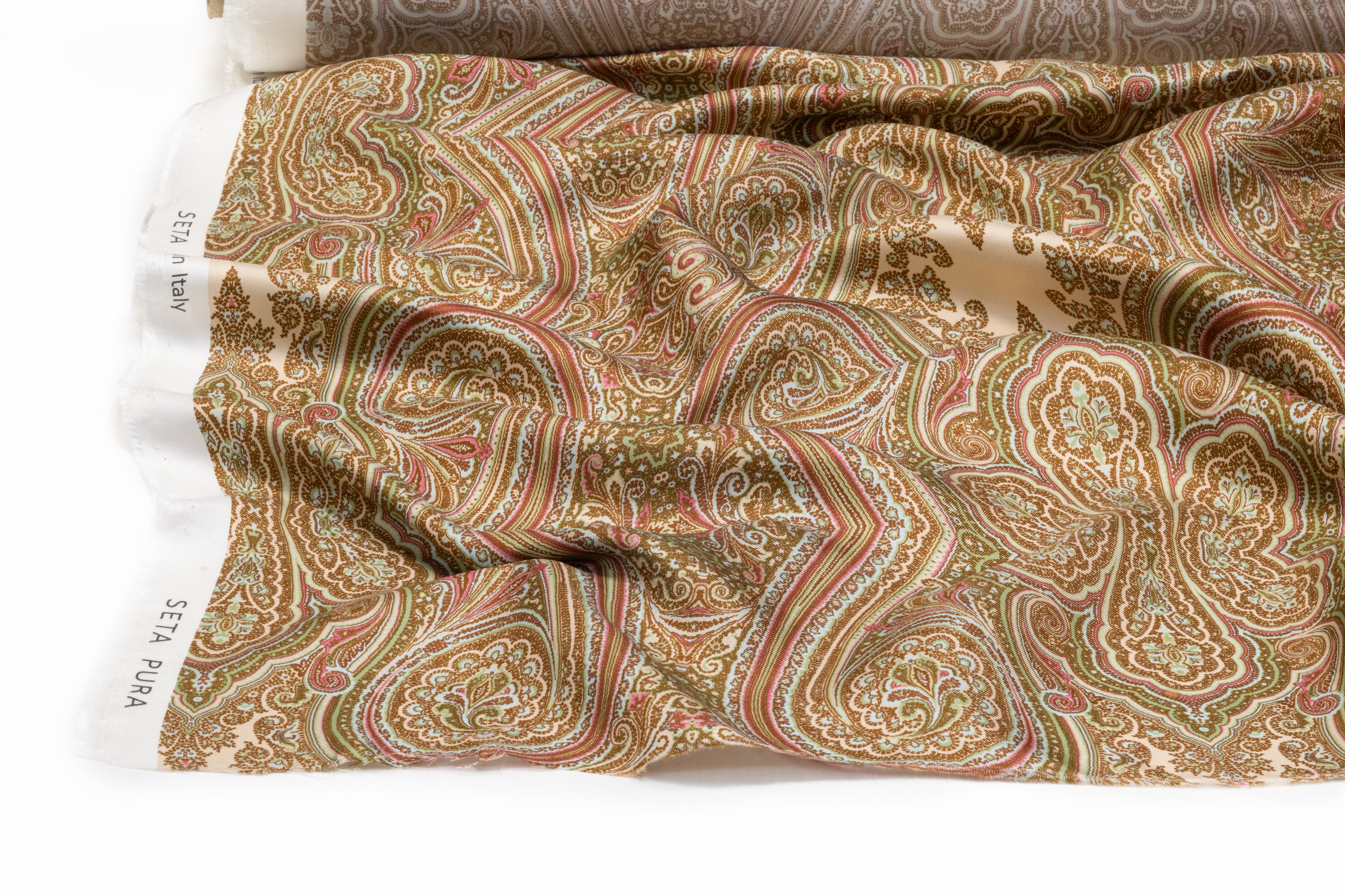 Paisley Italian Silk Twill - Pistachio / Rose