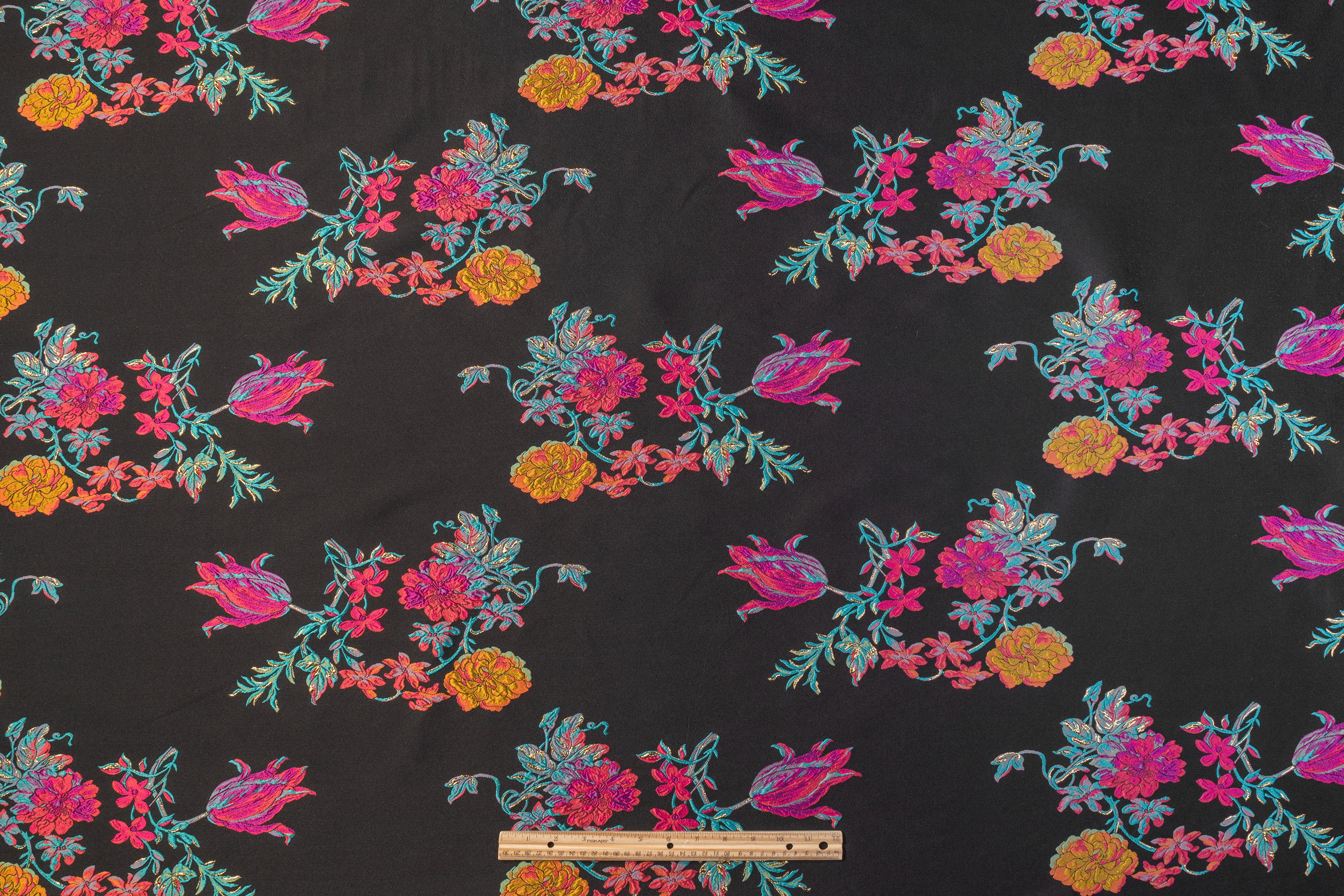 Floral Metallic Italian Silk Blend Brocade - Black / Multicolor