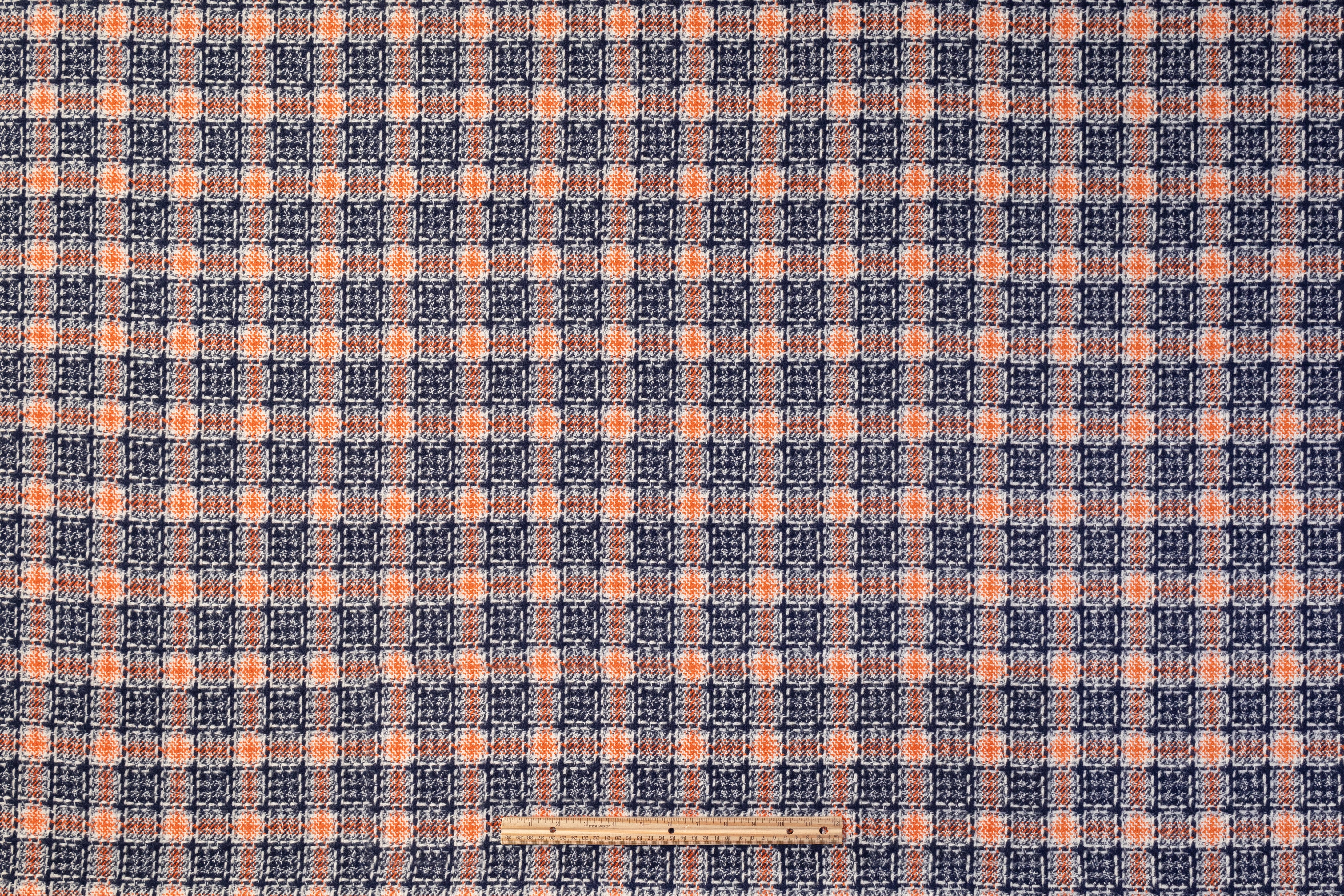 Checked Italian Wool Cotton Tweed - Blue / Orange / Off White