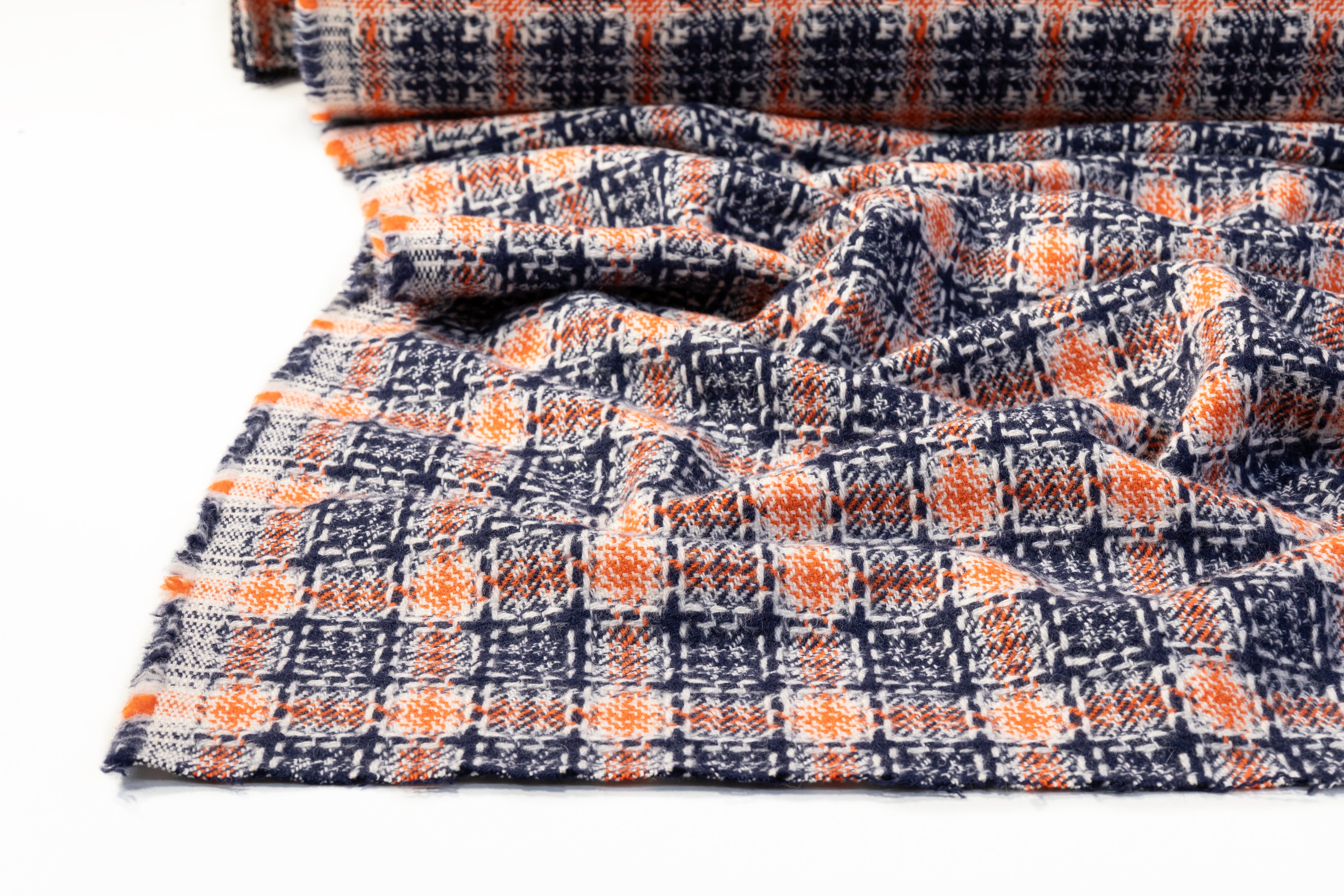 Checked Italian Wool Cotton Tweed - Blue / Orange / Off White