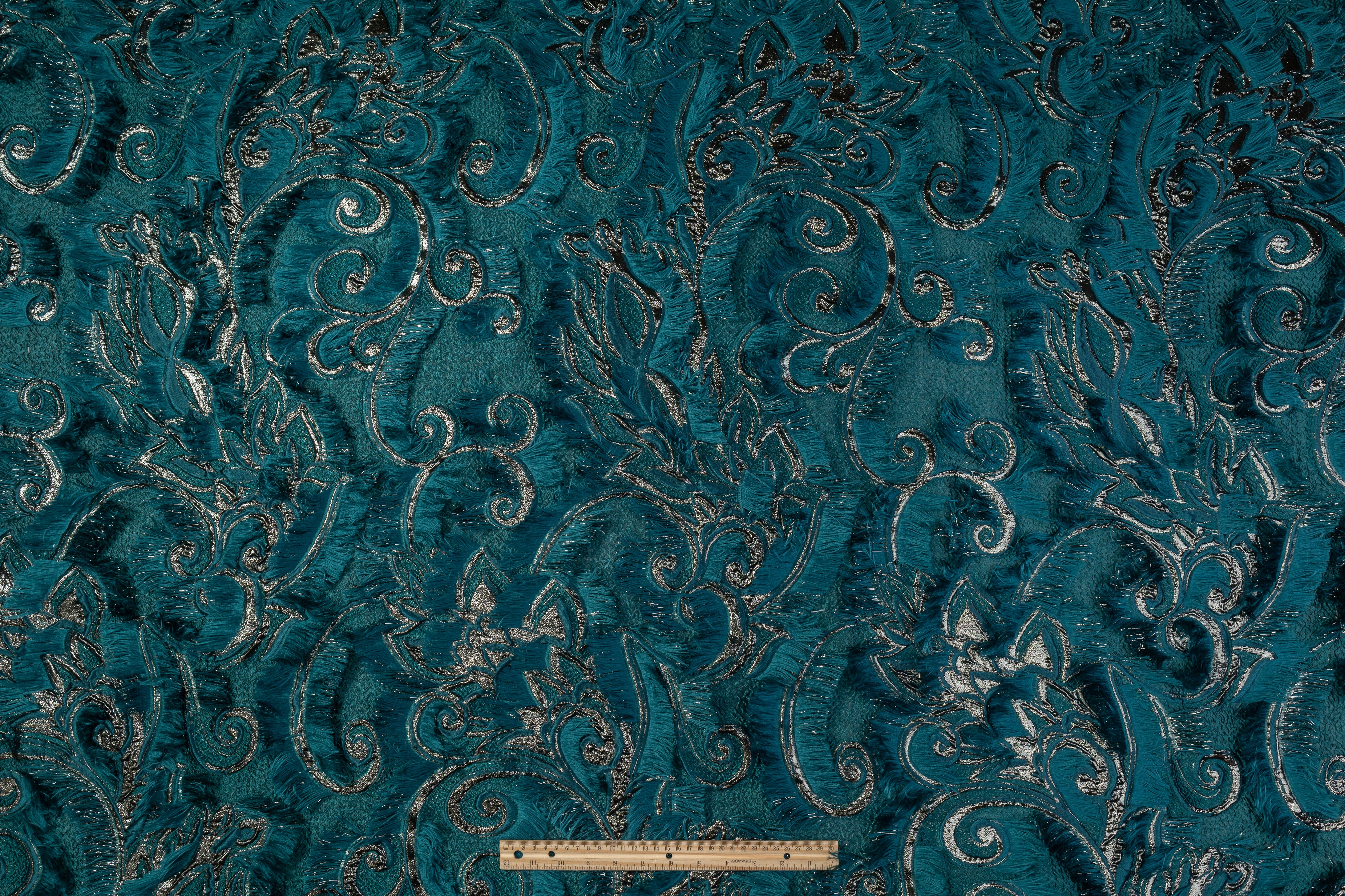 Fringed Italian Metallic Brocade - Teal Blue