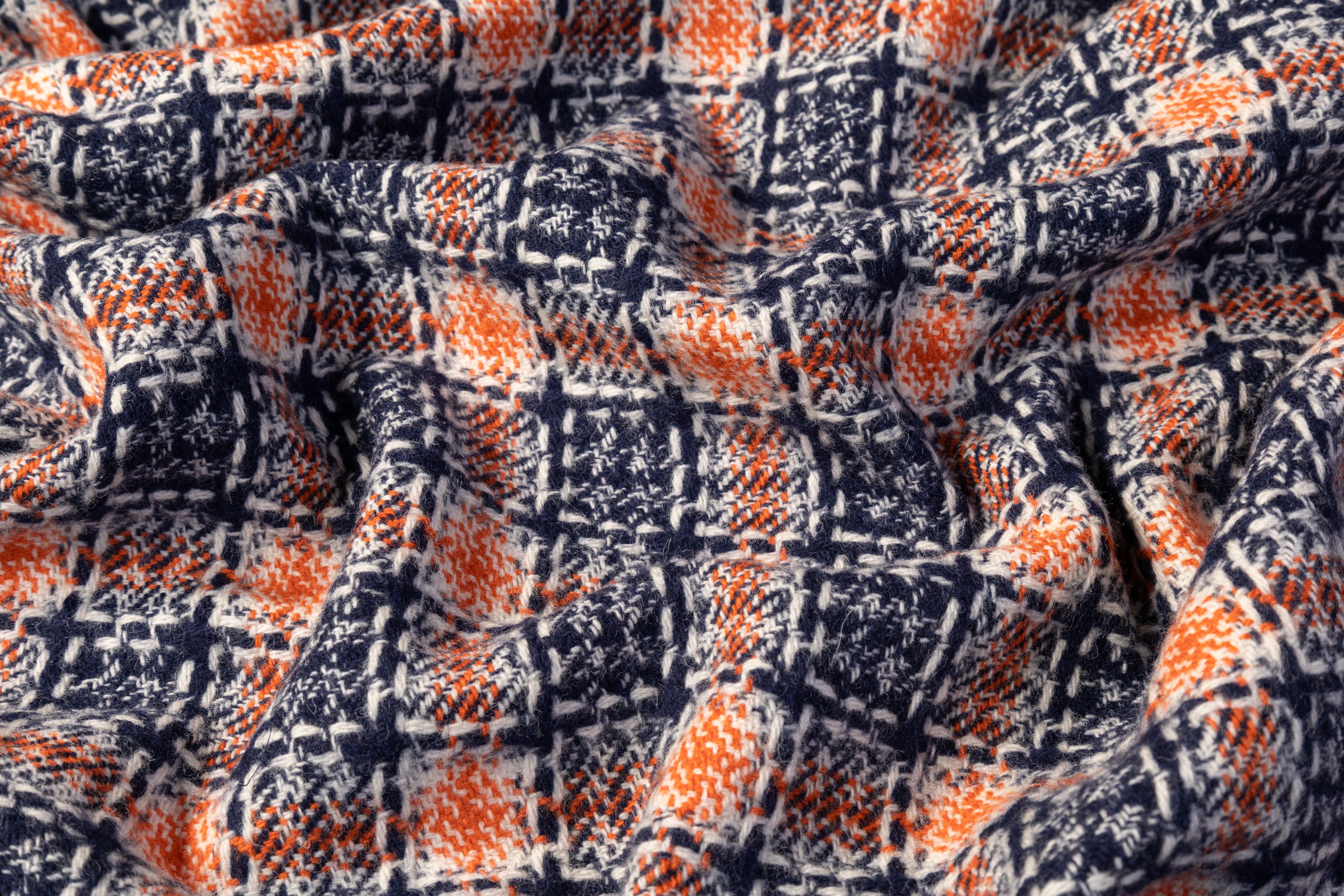 Checked Italian Wool Cotton Tweed - Blue / Orange / Off White