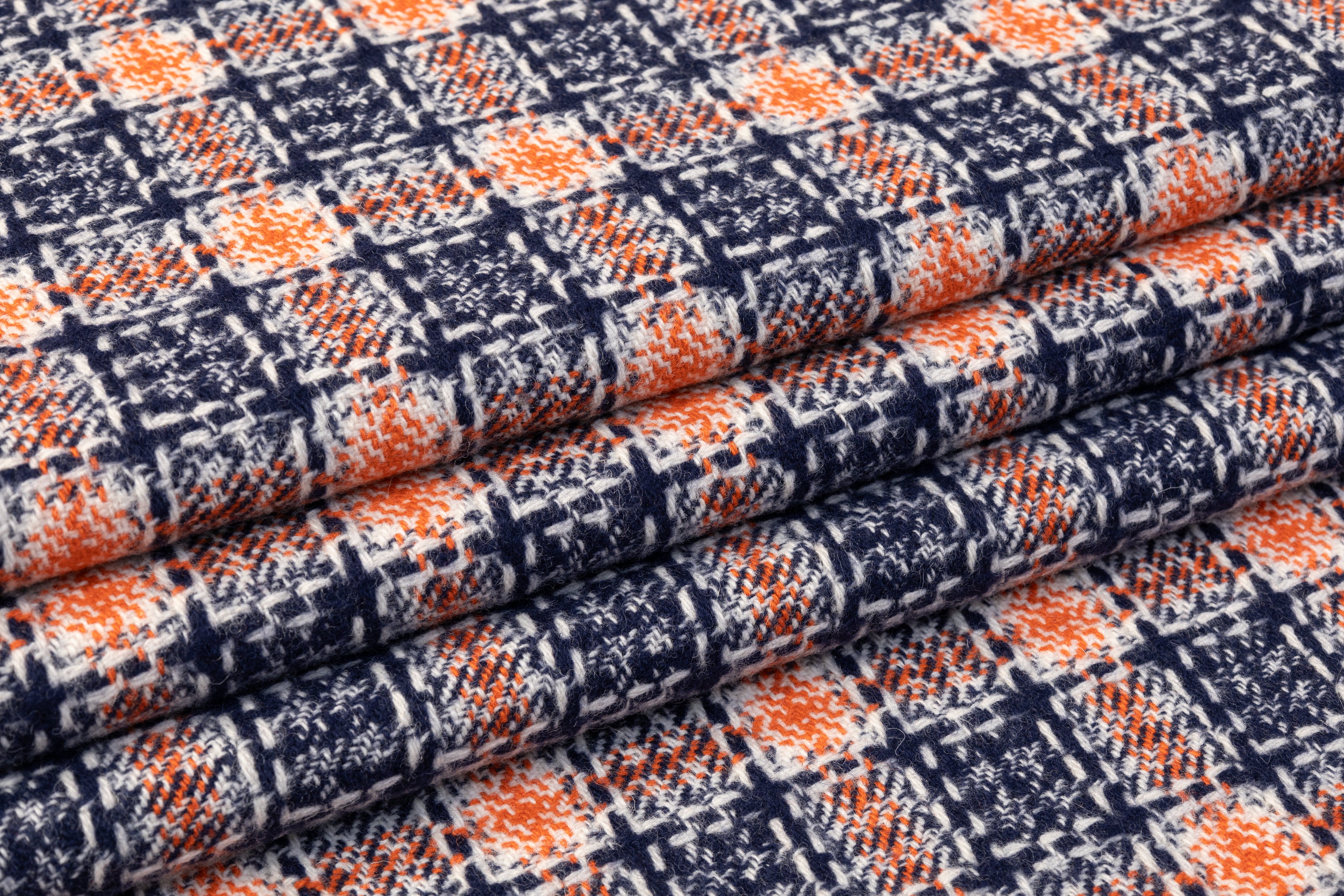 Checked Italian Wool Cotton Tweed - Blue / Orange / Off White